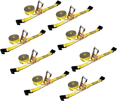 Mega Cargo Control 2" x 30 Flat Hook Ratchet Straps, 8 Pack - 2 Inch X 30 Foot, Yellow Heavy Duty Tie Downs with 10,000 lbs Break Strength for Flatbed Trailer Towing Hauling