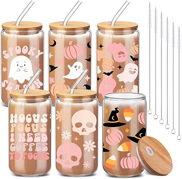 6 Pcs Pink Ghost Halloween Glass Cups with Lids and Straws 16 oz