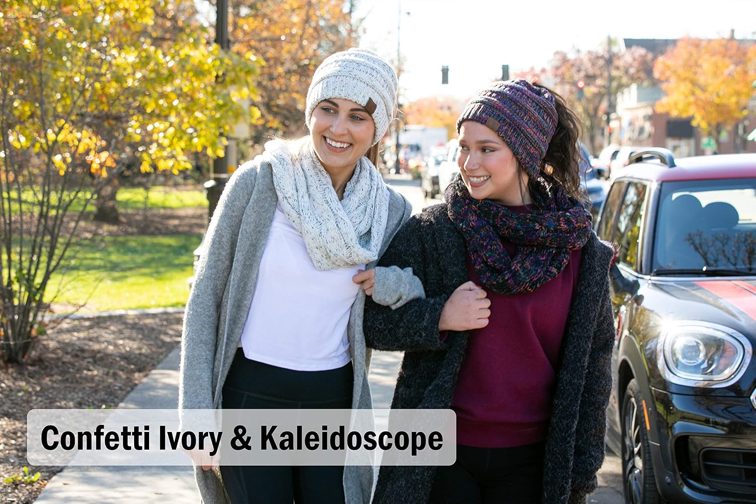 Messy Bun Beanie Tail Matching Scarf Set Bundle - Navy (Solid)
