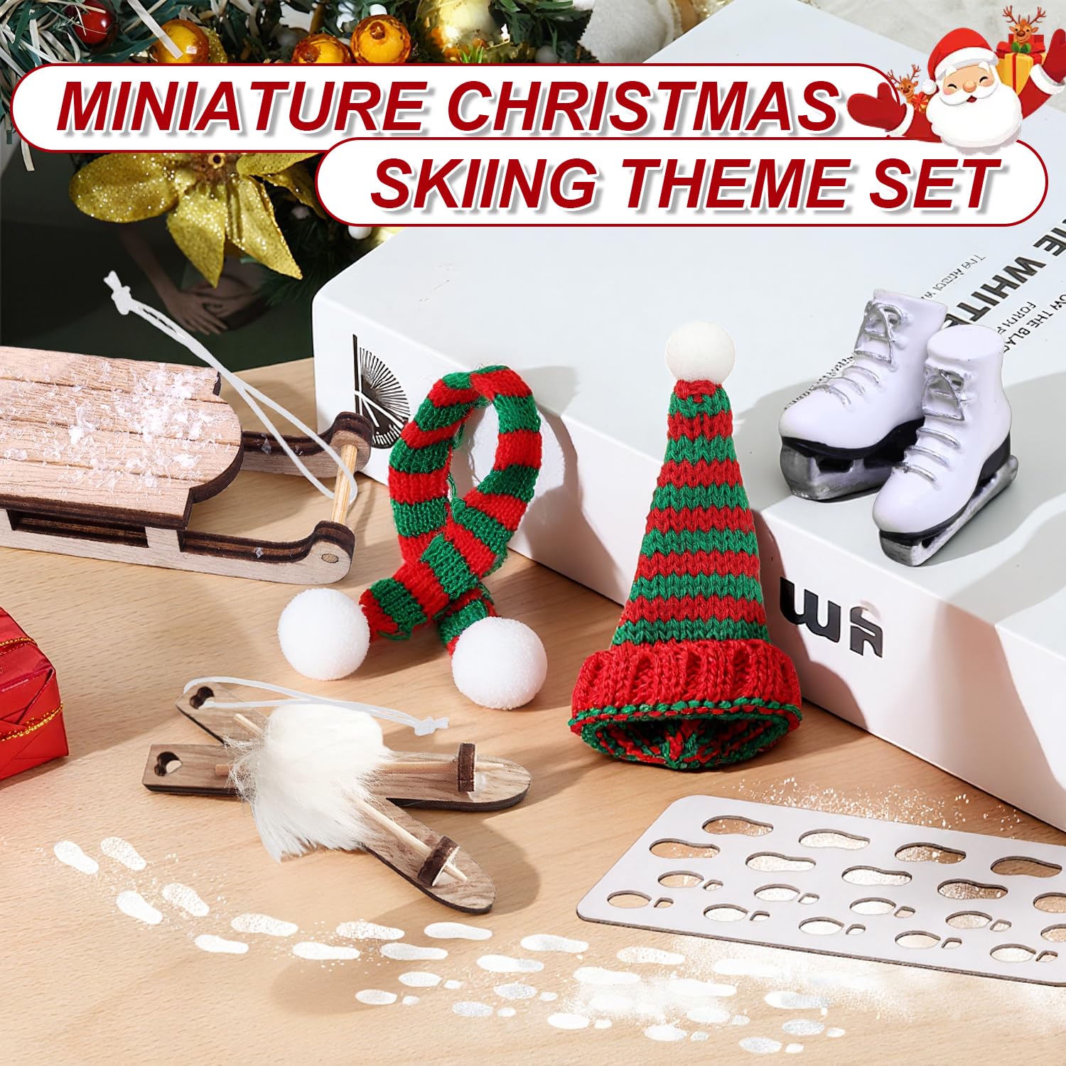 7 Pezzo Accessori per Gnomi di Natale Decorazione Mini Sci Tra Cui Cappelli Sciarpa Slitta Gnomo in Miniatura Impronte Babbo Natale Scarponi da Sci e Sci per Decorazioni Paesaggistiche per Feste