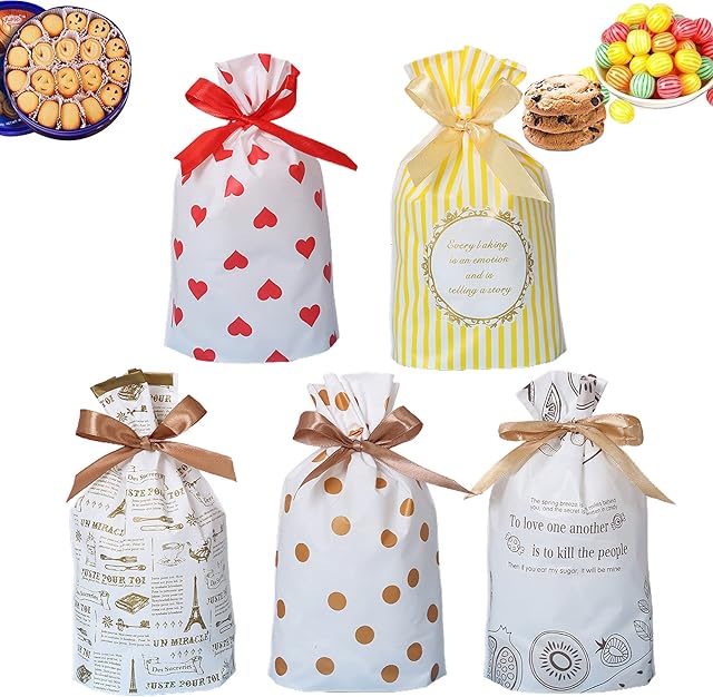 50pcs Easter Party Sweet Bag Drawstring Candy Treat Bags Baking Packaging Bag Luxury Flat Pocket Opp Stand Up Bag Biscuit Candy Gift Bag for Gift Wrapping, Bakery, Cookie, Candies, Desert, Popcorn