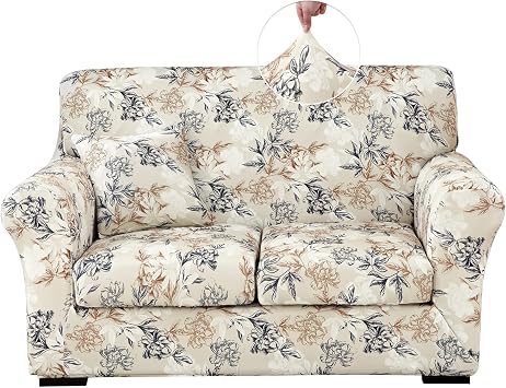 Stretch Printed Sofa Cover Couch Covers, 4-PieceLoveseat Slipcovers with 2 Separate Cushion Cover & 1 Pillow Case, Washable Soft Spandex Furniture Protector for Living RoomLoveseat, Flower