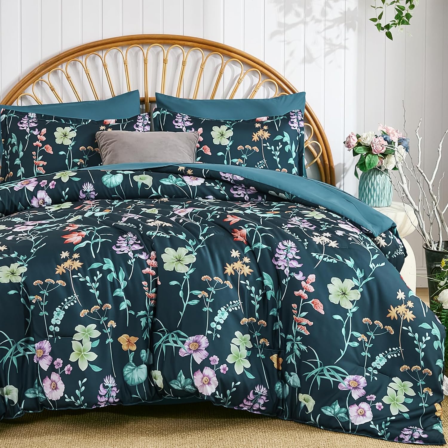 DJY Floral Comforter Set Queen Size,Peacock Blue Botanical Bedding Comforter Sets,7 Pieces Bed in a Bag Lightweight Microfiber Comforter Set with Sheets Pillowcases & Shams for All Seasons