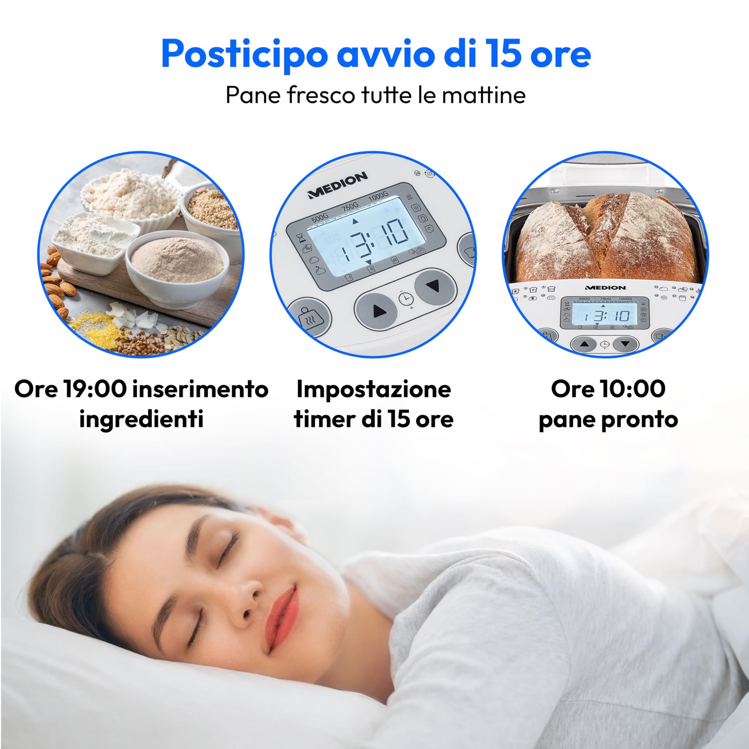 MEDION Macchina per il pane fino a 1000g, macchina del pane con 19 programmi, funzione mantenimento calore, robot da cucina multifunzionale, impastatrice, fornetto elettrico con timer, MD 11011