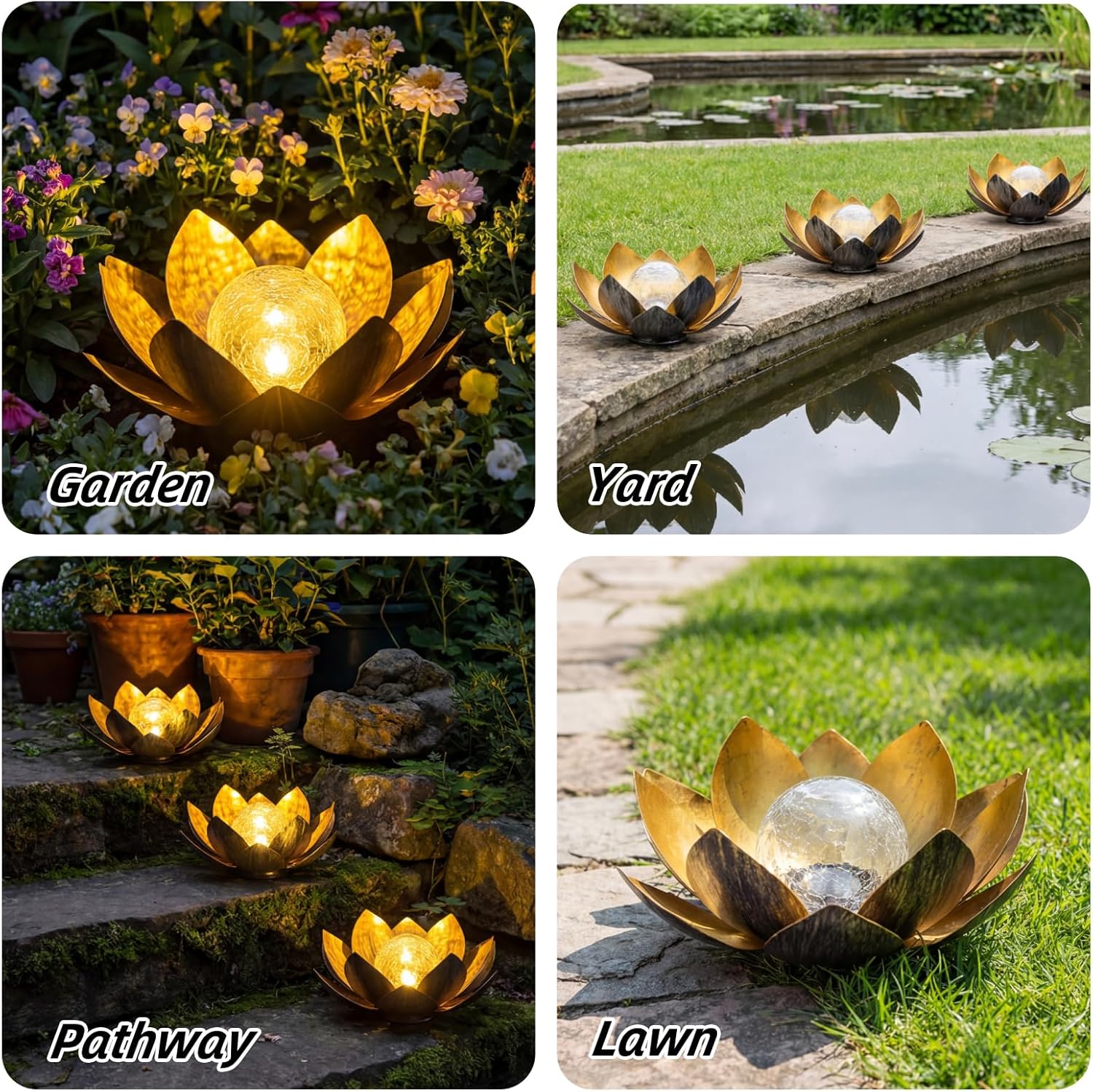 MEBRUDY Solar Lights Outdoor Garden Decor, Bright Globe Glass Lotus Flower Lamp, IP44 Waterproof Gold Metal Lotus LED Lights for Patio, Yard, Lawn, Tabletop Outside Decor, Garden Gifts for Mom Women