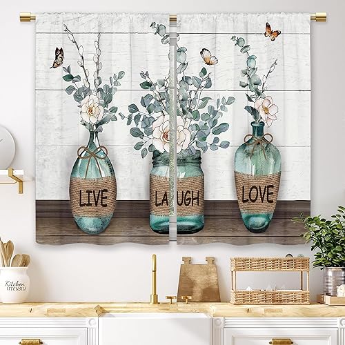 Cortinas de cocina de granja de Laifzere, hojas rústicas verdes de eucalipto, cortinas cortas pequeñas para cafetería, cortinas de ventana de planta