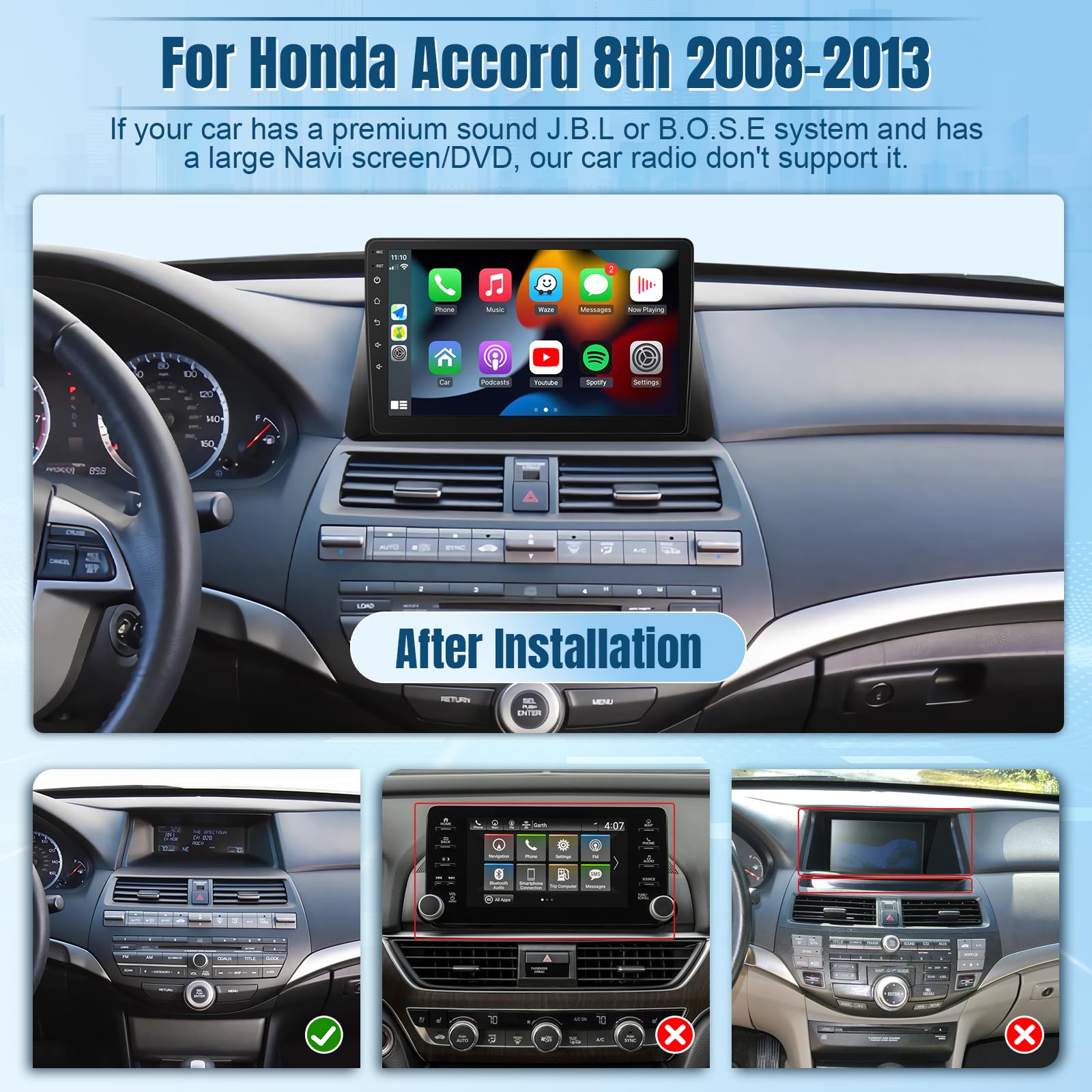 Naifay Android Car Stereo for Honda Accord 8th 2008 2009 2010 2011 2012 2013 with Carplay Android Auto, 2+32GB 10.1 Inch Touch Screen for Honda Accord Car Radio Bluetooth GPS WiFi FM SWC MirrorLink