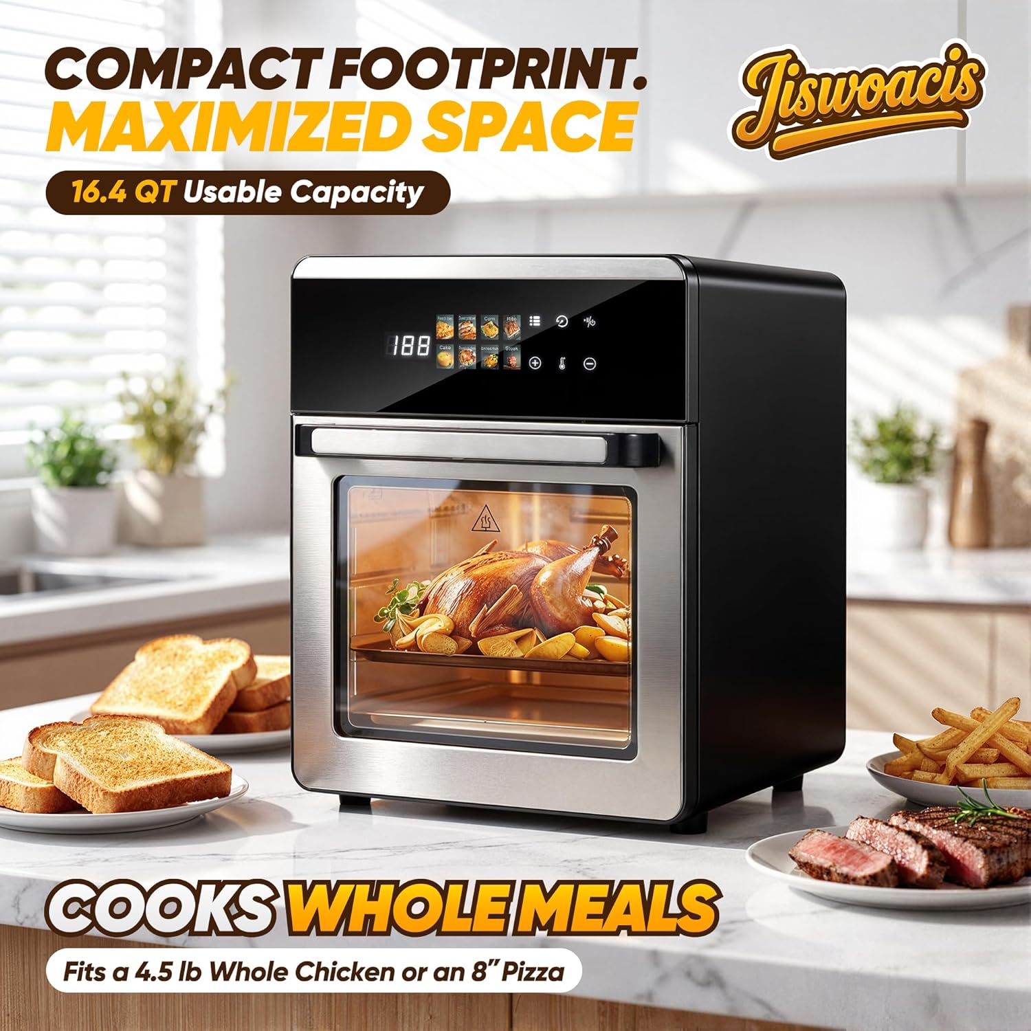 air fryer toaster oven combo, 16.4 qt 11-in-1 compact countertop oven with dual racks, fits 4.5 lb chicken, 8" pizza & 8 slices toast, digital convection cooking, oil-free baking, stainless steel