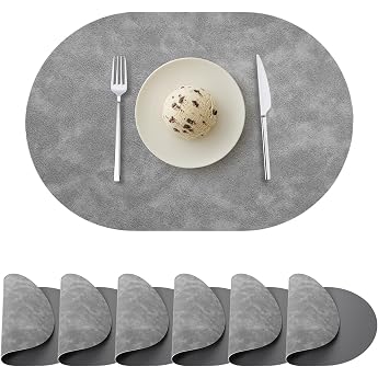 Oval Placemats Faux Leather Dining Table Placemats Double Sided Heat Resistant Washable Wipe Clean Placemats for Indoor Outdoor Grey/Dark Grey 6 Pack