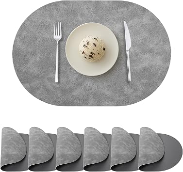Oval Placemats Set of 6, Faux Leather Place Mats for Dining Table Dual Sided Placemats Heat Resistant Washable Wipeable Table Mats for Indoor Outdoor, Gray/Dark Gray