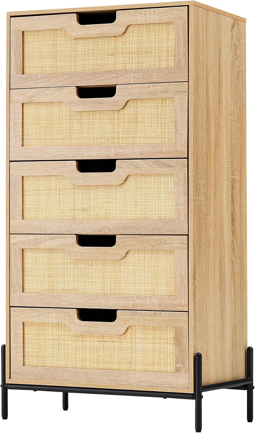 IDEALHOUSE Natural Rattan 5-Drawer Tall Dresser,Wooden Chest with Deep Drawers & Sturdy Legs,Versatile Cabinet for Bedroom, Living Room,Entryway, Nursery,Oak