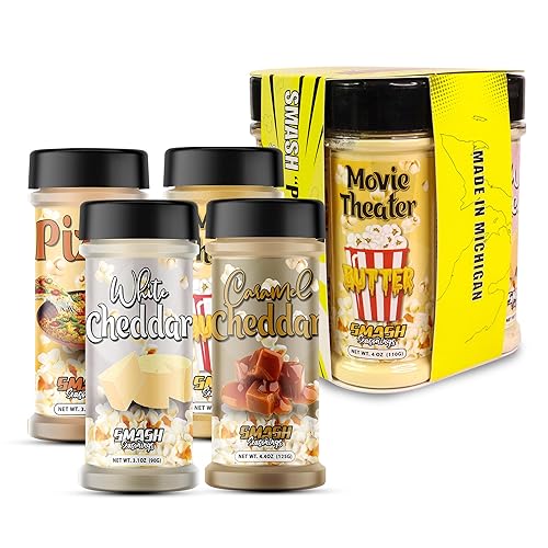 Smash - Condimento "Popcorn", paquete de 4 unidades (Cheddar blanco, caramelo cheddar, mantequilla de cine, pizza)..