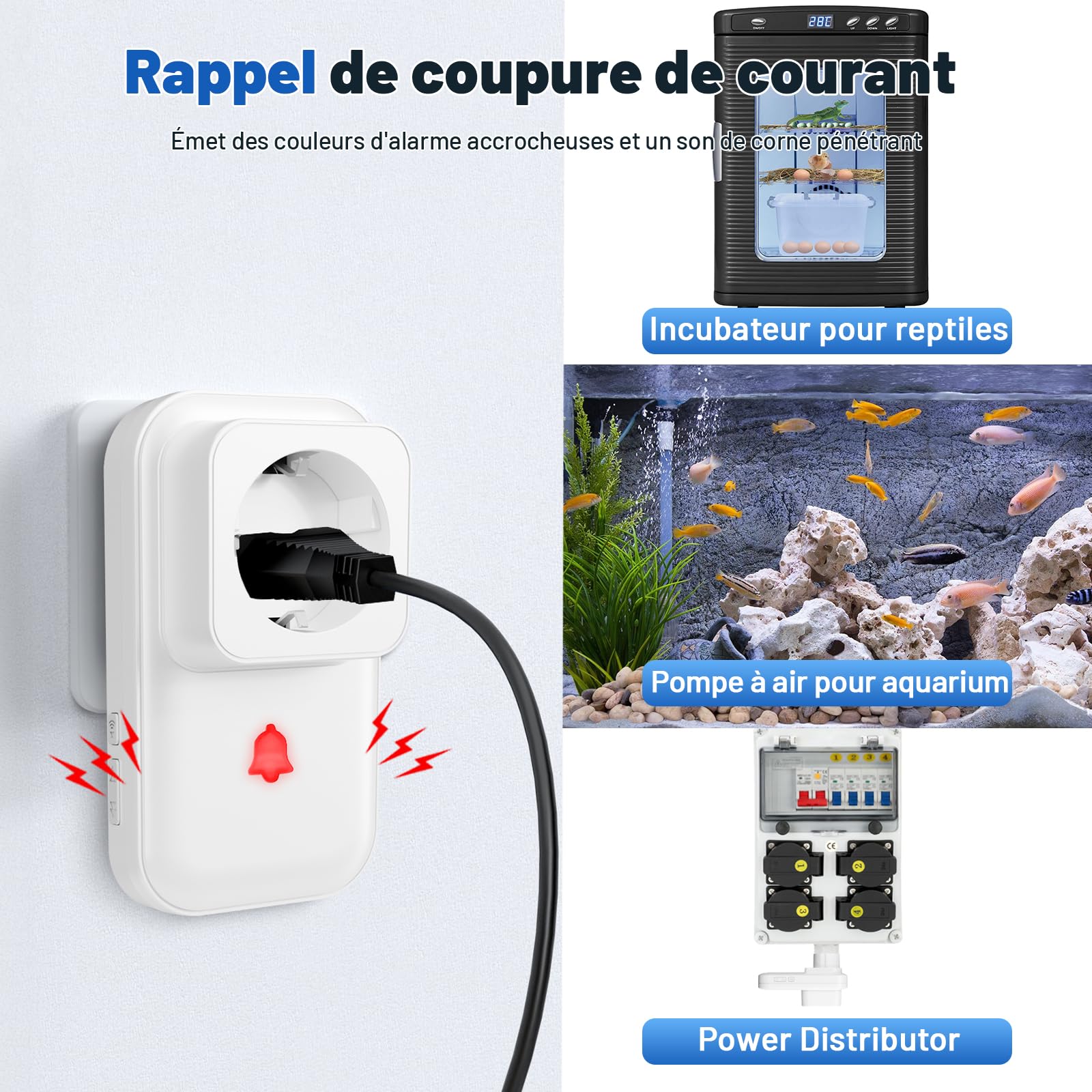 Alarme de Coupure de Courant avec Affichage LED, détecteur de Coupure de Courant avec 5 Niveaux réglables, 0 à 110 DB 7 sonneries, idéal pour la Surveillance des réfrigérateurs