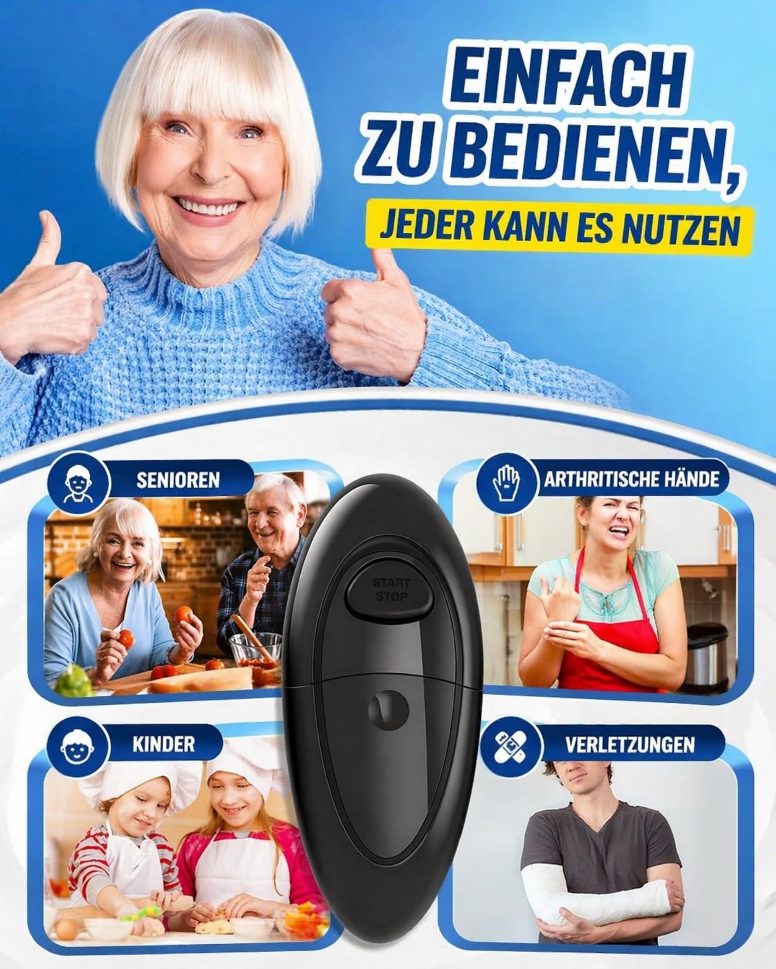 Apriscatole elettrico, One Touch automatico, senza fili, bordo liscio sicuro, per anziani mani deboli, apre tutte le dimensioni