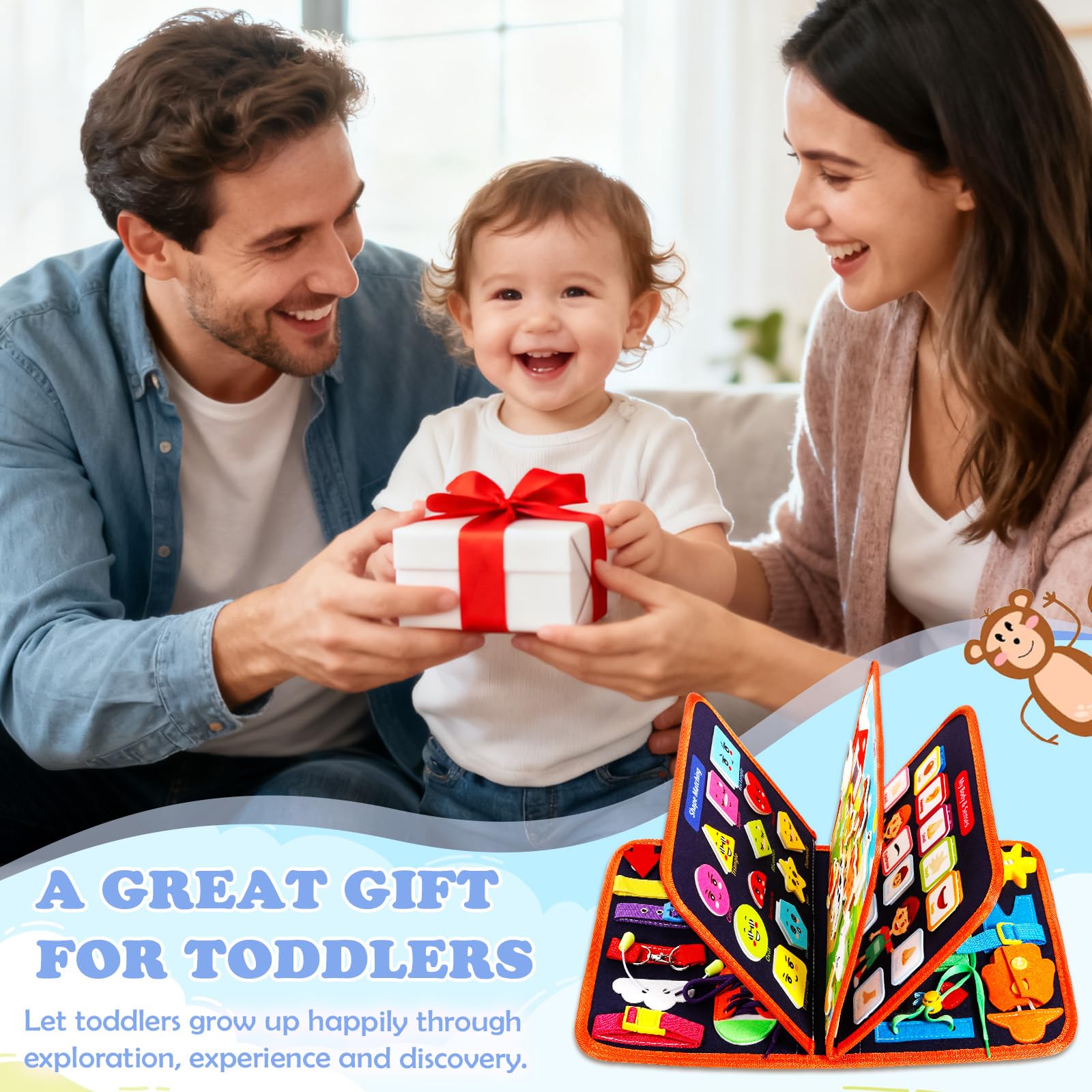 Busy Board, Libro Montessori Interattivo, Pannello Sensoriale Educativo,Feltro Quiet Book, Regalo per Bambino Bambina di 1 2 3 4 Anni