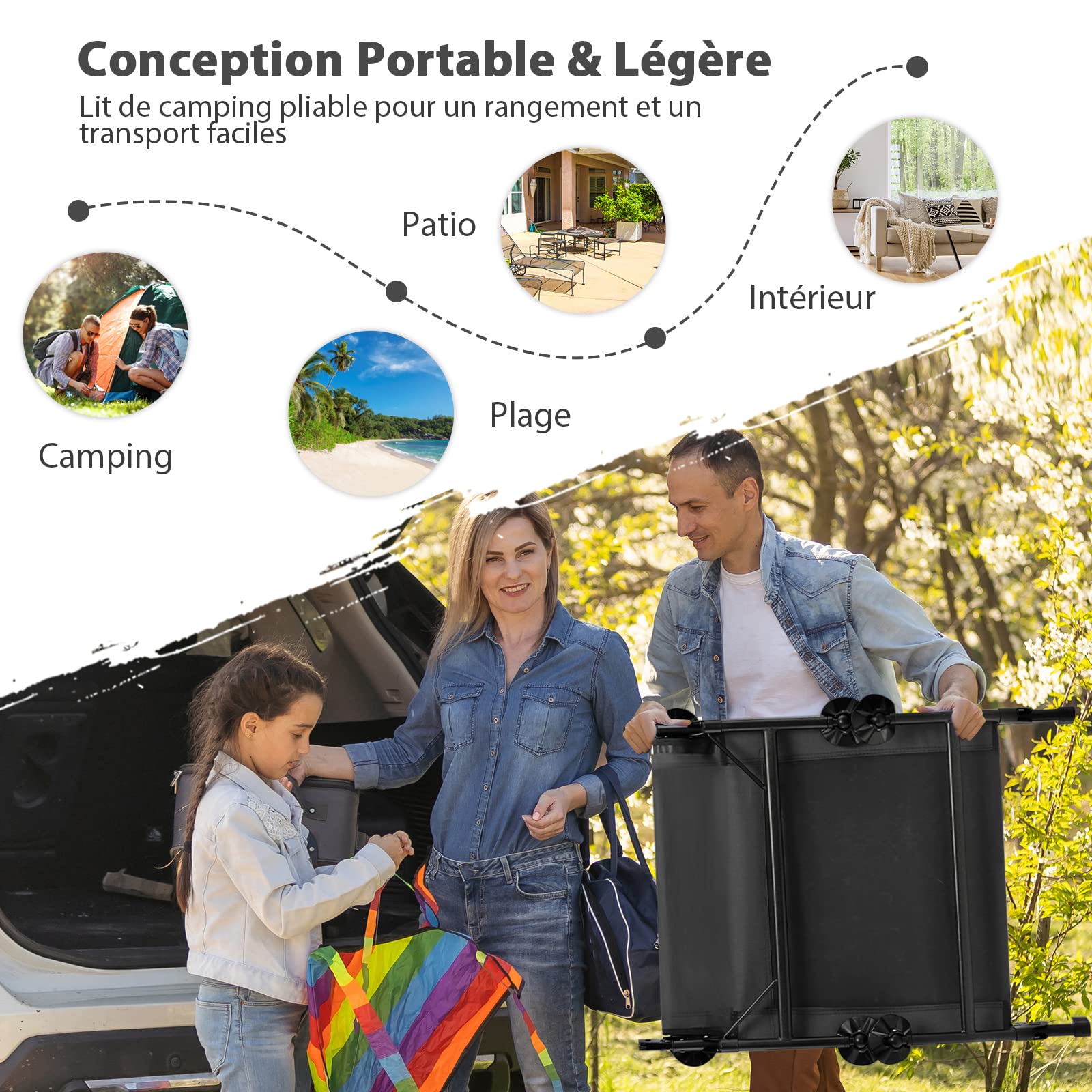 COSTWAY Lit de Camp Pliable 1 Personne, Lit Camping Pliant Portable Léger à Dossier Réglable 6 Positions, Lit de Camp Extérieur Intérieur Inclinable pour Bureau Maison Voyage, Charge 200 KG, Gris