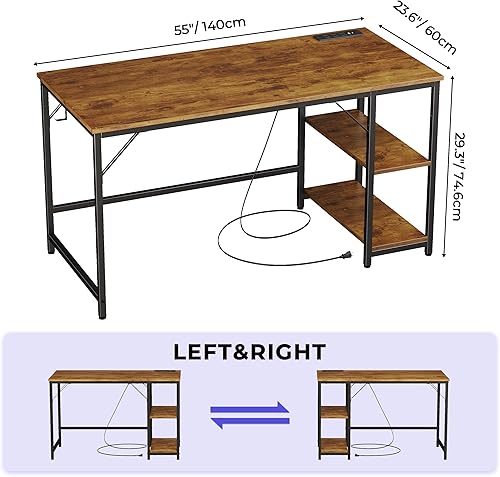 Miniatura 3 de JOISCOPE Escritorio para computadora de juegos de 55 x 24 pulgadas con tomas de alimentación de mesa, escritorio de oficina en casa con estantes de
