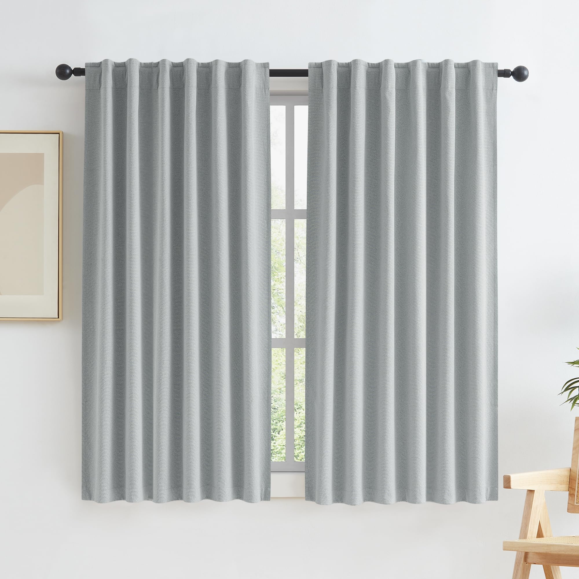 KEQIAOSUOCAI Linen Blackout Curtains 63 Inches Long, Back Tab Rod Pocket Hook Belt Boho Farmhouse Heat and Full Light Blocking Curtain Panels for Bedroom, 2 Panels, Light Grey, W50 x L63