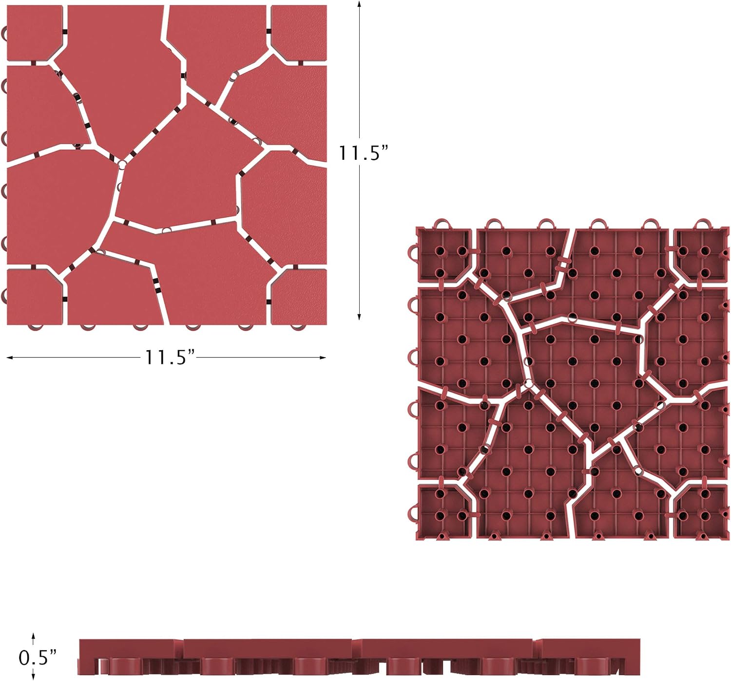 Pure Garden 6-Pack Polypropylene Interlocking Patio Deck Tiles - Weather-Resistant Outdoor Flooring for Balcony, Porch, and Garage (Bridk Red)