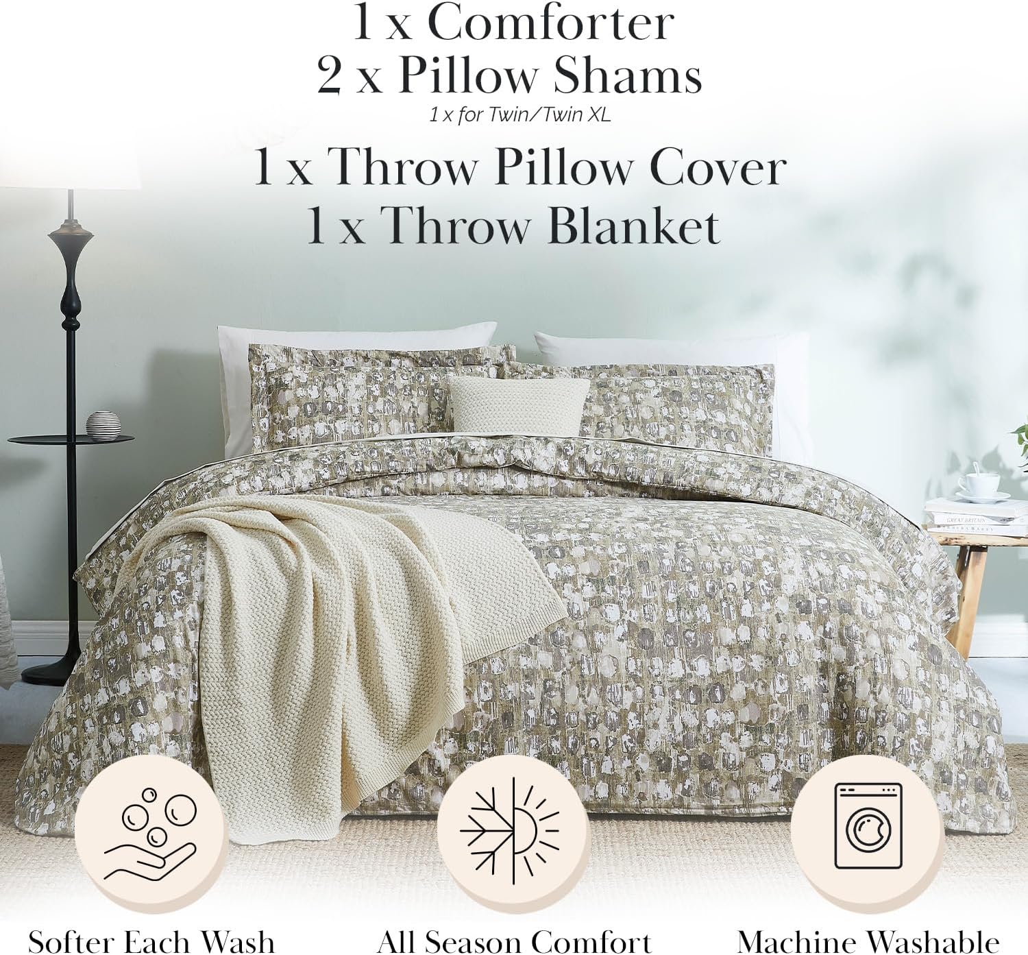 Southshore Fine Living, Inc. 5-Piece Full/Queen Size Comforter Set, Down Alternative with Acrylic Throw Blanket for Bed, 2 XL Pillow Shams, Throw Pillow Cover, Ultra-Soft Microfiber, Rhythm Taupe