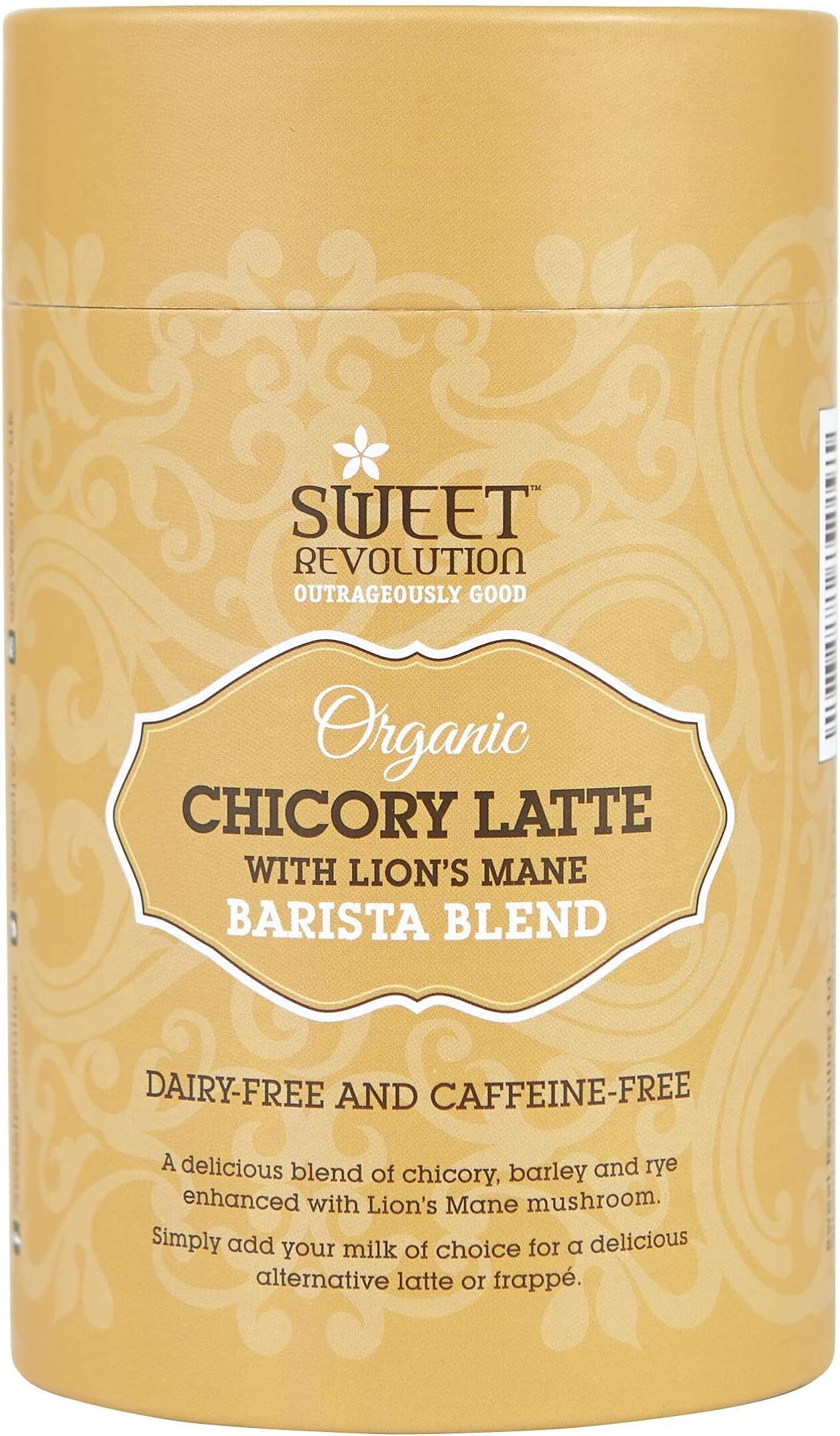 Sweet Revolution Organic Chicory Latte with Lion's Mane Barista Blend 50g tub. Caffeine Free, Dairy Free, Refined Sugar-Free.