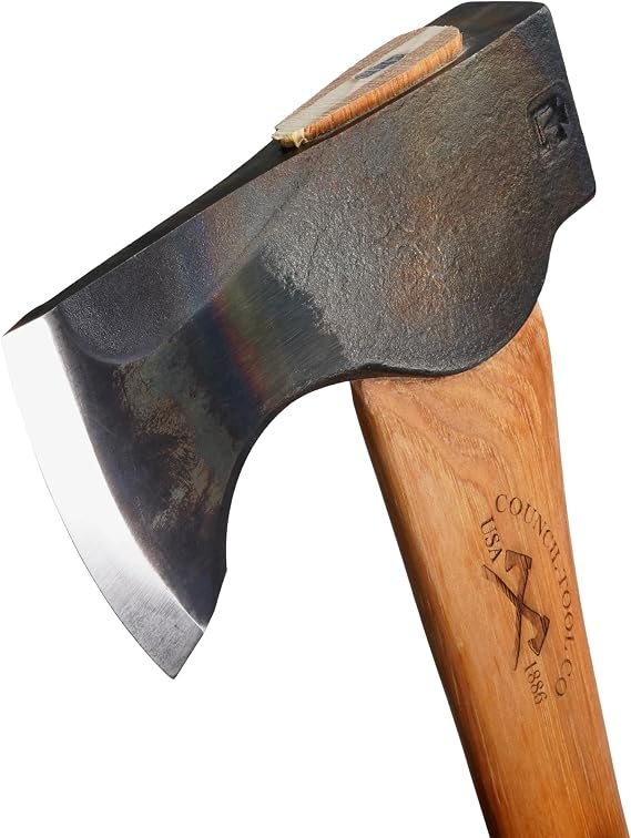 COUNCIL TOOL Wood-Craft Pack Axe - 2 lb Camping Axe, 24 Curved Hickory Handle with Leather Sheath, Made in the USA - WC20PA24C