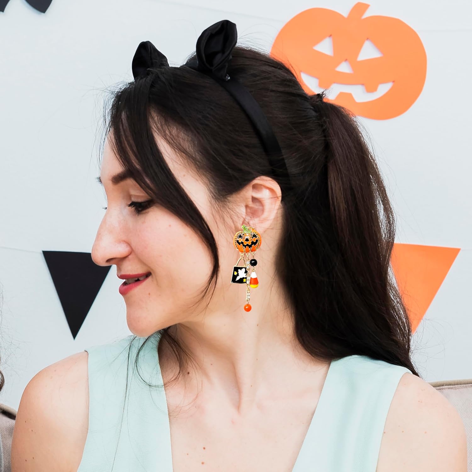 Halloween Earrings for Women Pumpkin Ghost Dangle Earrings Gothic Crystal Pumpkin Tassel Drop Earrings For Halloween Costume Accessories - Image 2