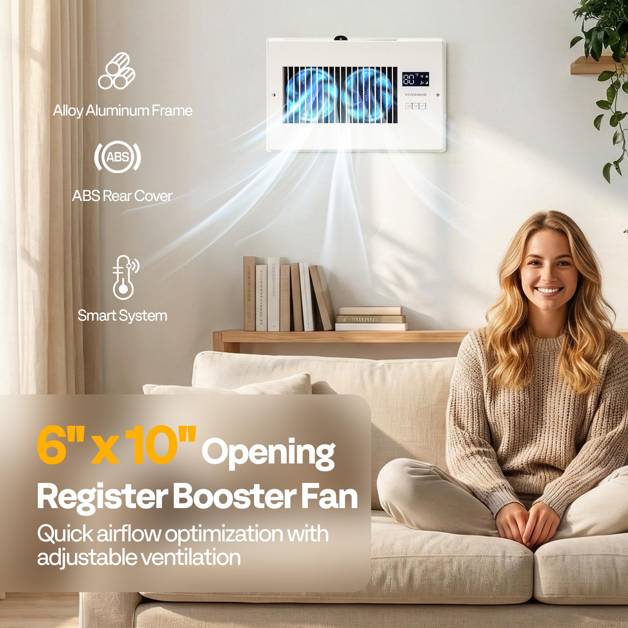 VIVOHOME Quiet Register Booster Ventilador con apertura de 6 x 10 pulgadas, termostato inteligente, control de 10 velocidades, malla extraíble a prueba de polvo y bloqueador de registro, color blanco