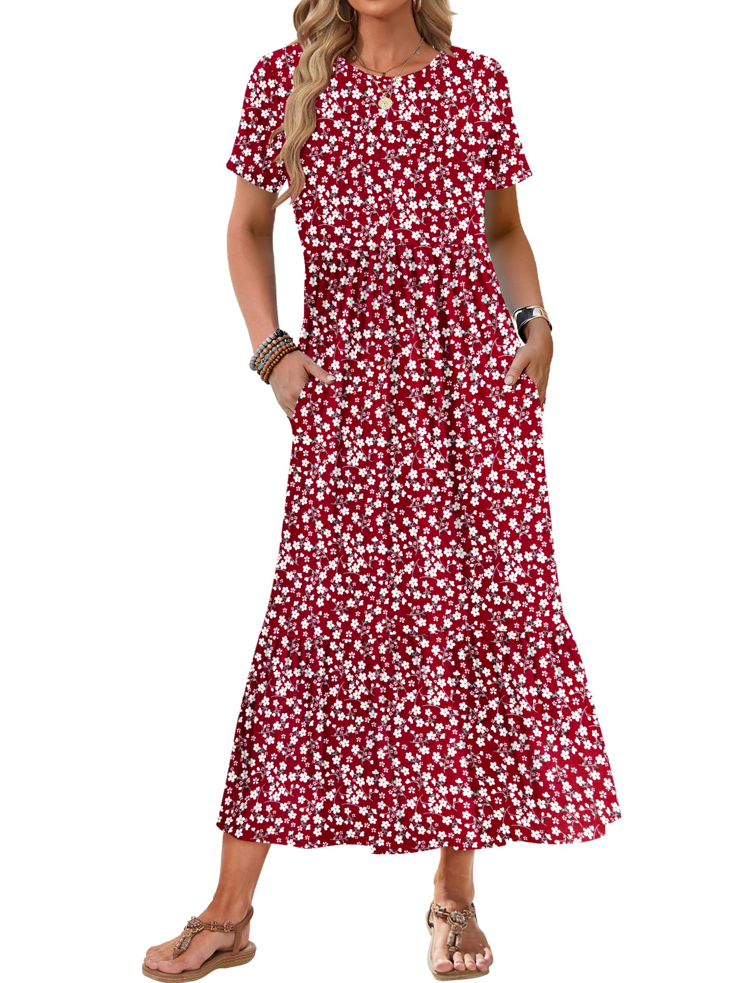 AUSELILY Womens Summer Dresses 2025 Short Sleeve Maxi Dress Crewneck Casual Sundresses with Pockets