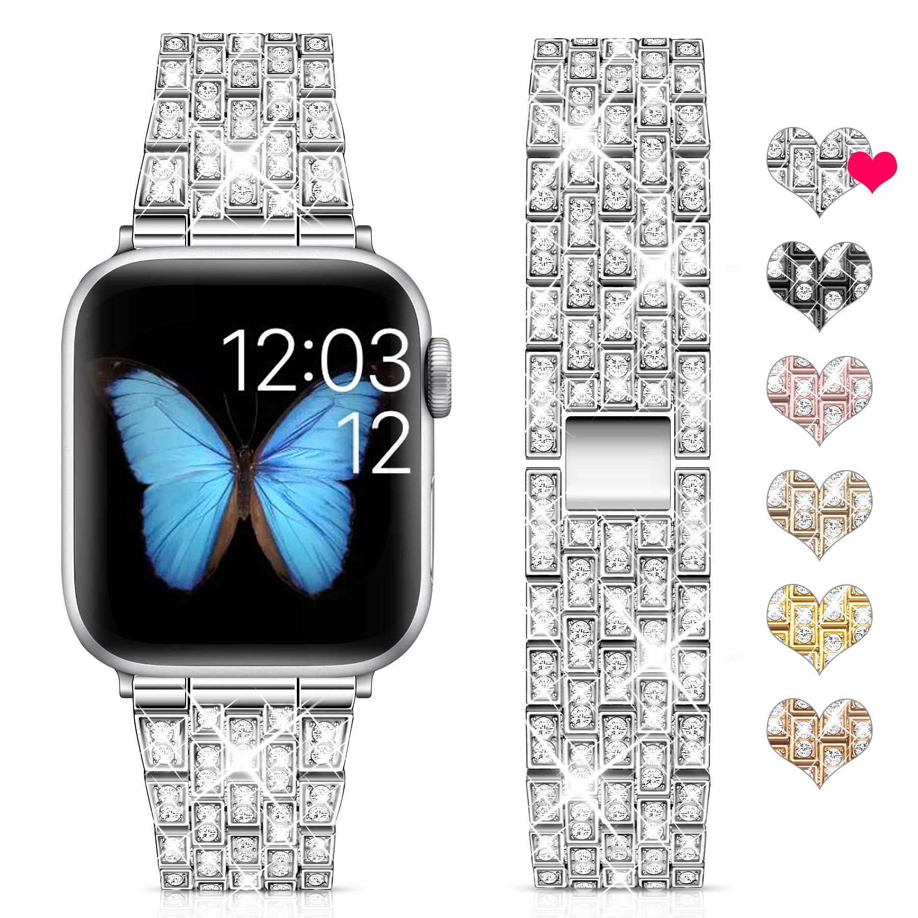 Marge Plus Compatible with Apple Watch Band 38mm 40mm 42mm 44mm, Women Jewelry Wristband Bling Diamond Metal Strap for iWatch Band Series 5 4 3 2 1