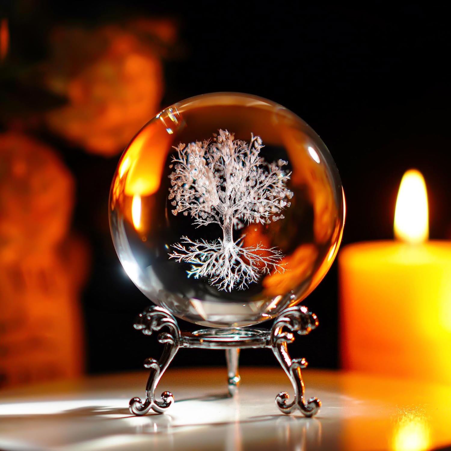70mm Tree of Life Clear Crystal Ball with Stand, K9 Glass Decorative Crystal Ball, 3D Laser Fengs...