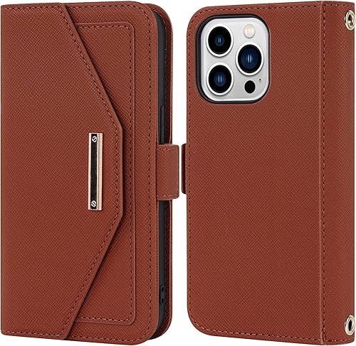 HAZELS Funda cruzada con cordón para iPhone 1414 Plus14 Pro14 Pro Max, funda de cuero premium tipo cartera con tarjetero espejo de maquillaje, funda