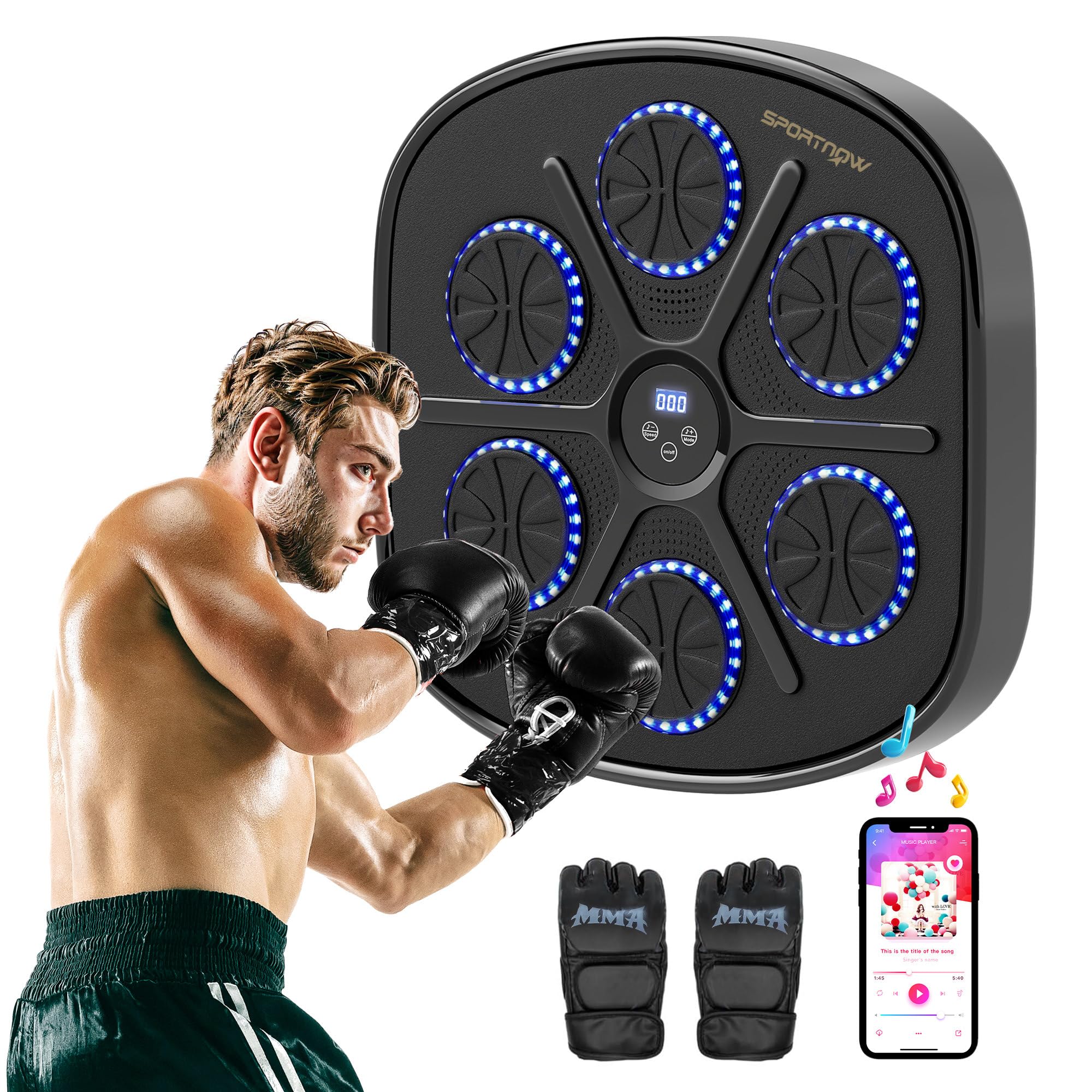 SPORTNOW Music Boxing Machine, Smart Bluetooth Boxing Machine Wall Mounted with 9 Speeds & Modes, LED Lights and Gloves, Punching Pad for Adults, Black