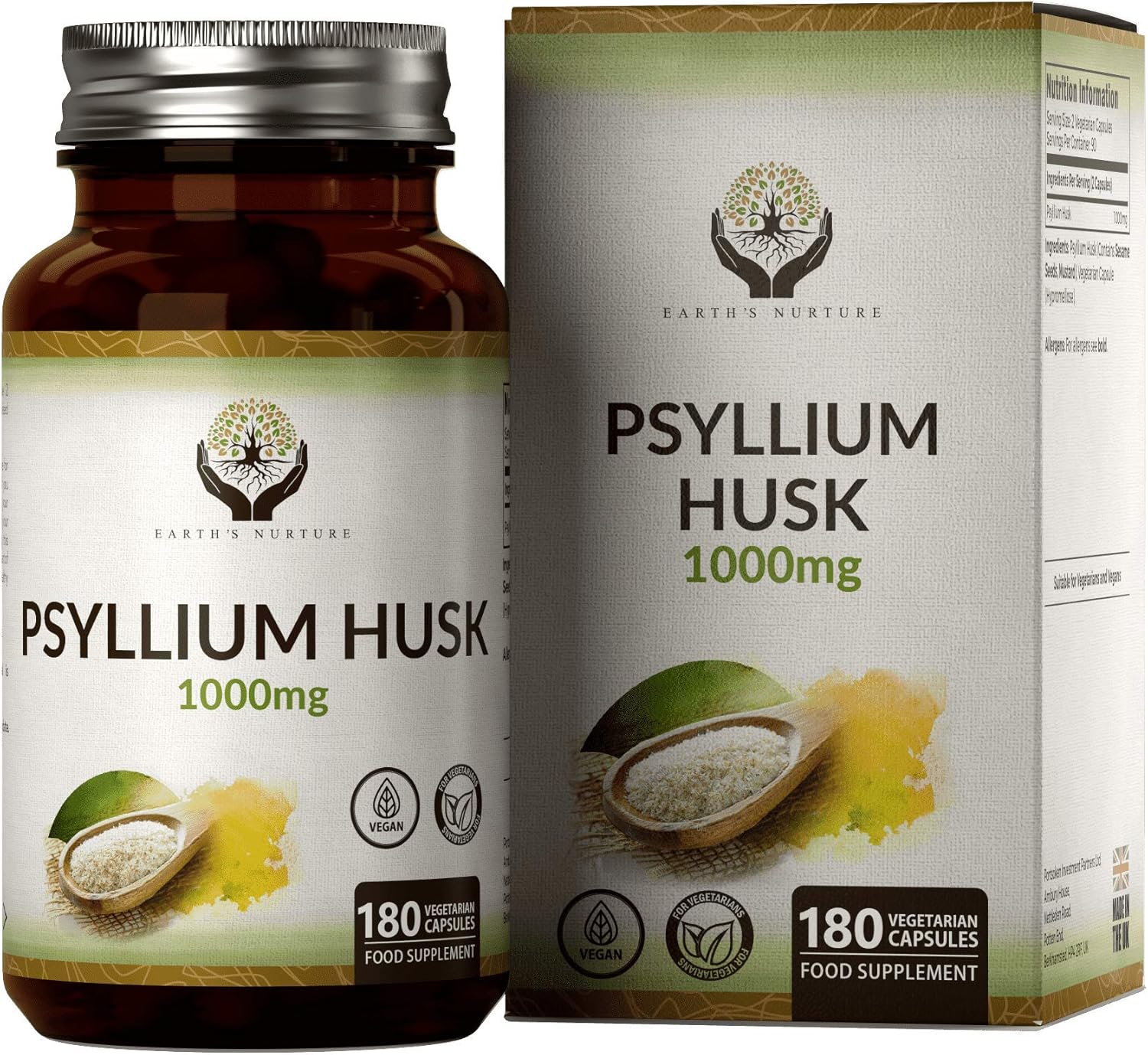 EN Cascara de Psyllium 1000mg | 180 Capsulas Veganas de Cáscaras de Psyllium | Fibra de Plantago Ovata | Psilium Husk Capsulas del Polvo | Sin Gluten, OGM, Alergenos o Lácteos
