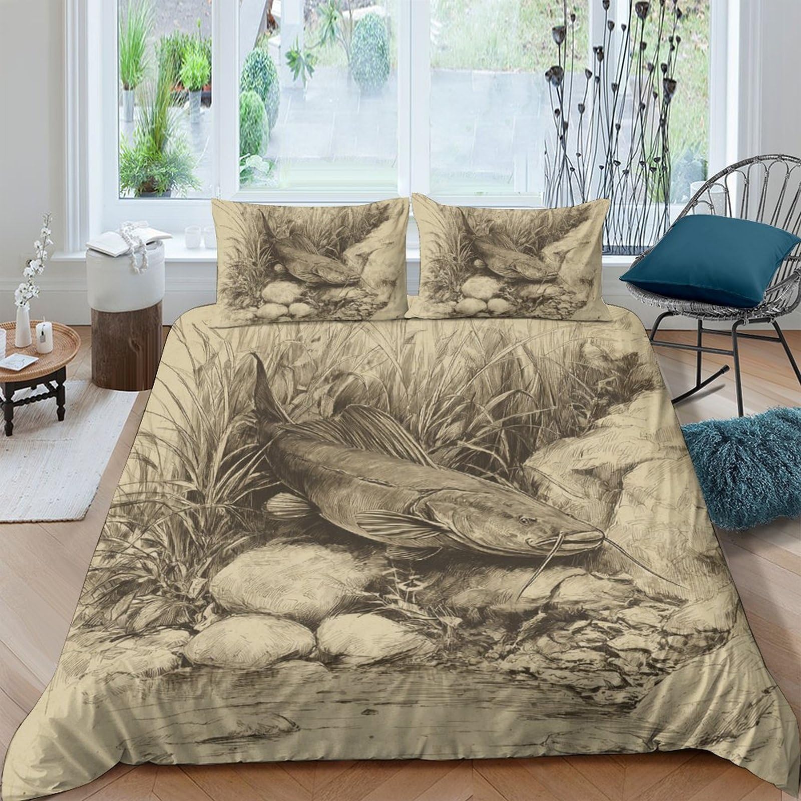 Ctjqhvkz Style-3 3D Printed River Fish Fitted Sheet Microfiber Non Slip Nature Stone Bed Cover For Bedroom Guest Room Decor Single（135X200cm）