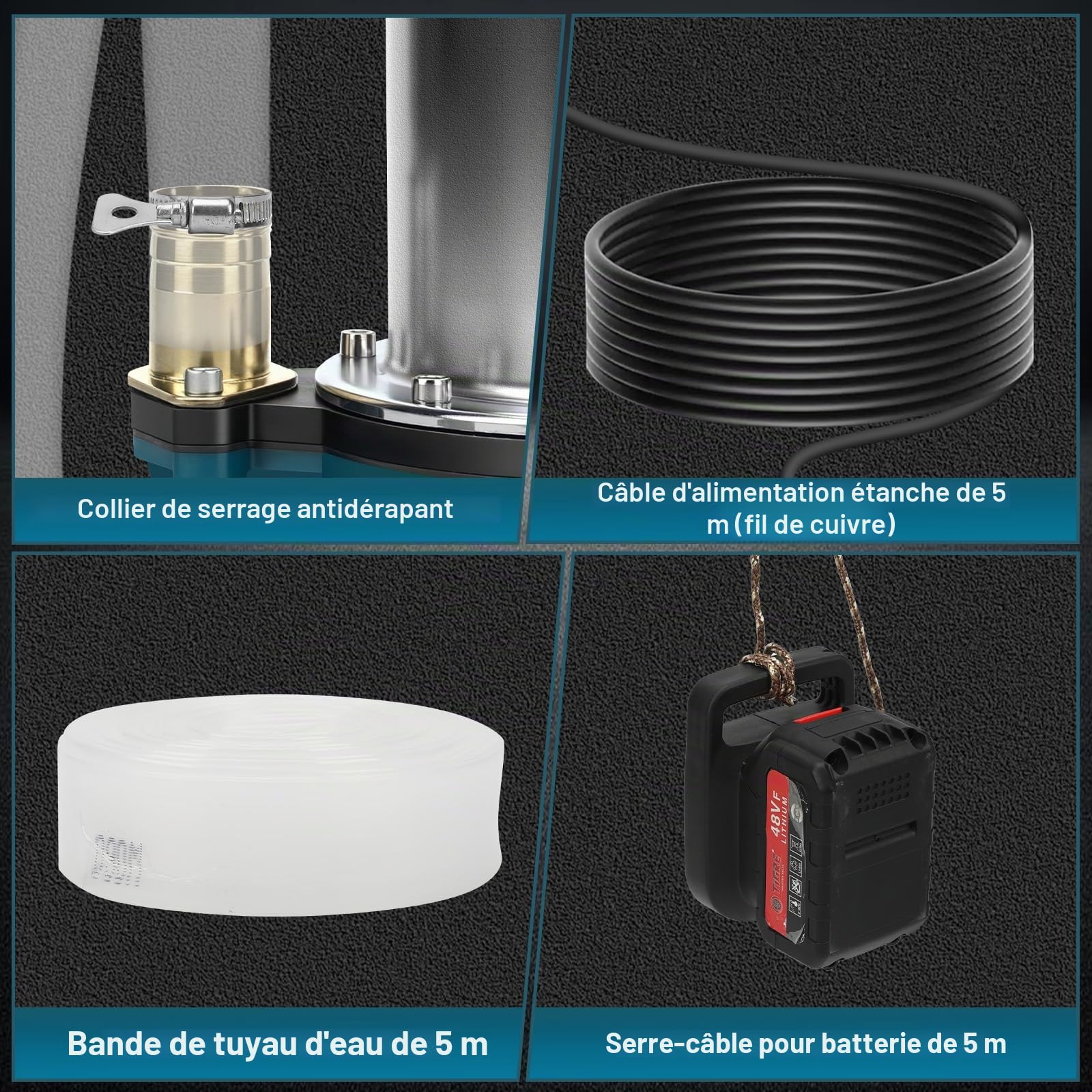 Pompe submersible compatible avec batterie Makita 18 V (pas de batterie), pompe à eau sans fil 5000 l/h avec tuyau de 10 m, câble de connexion de 5 m, idéal pour piscine, lit à eau, arrosage de jardin