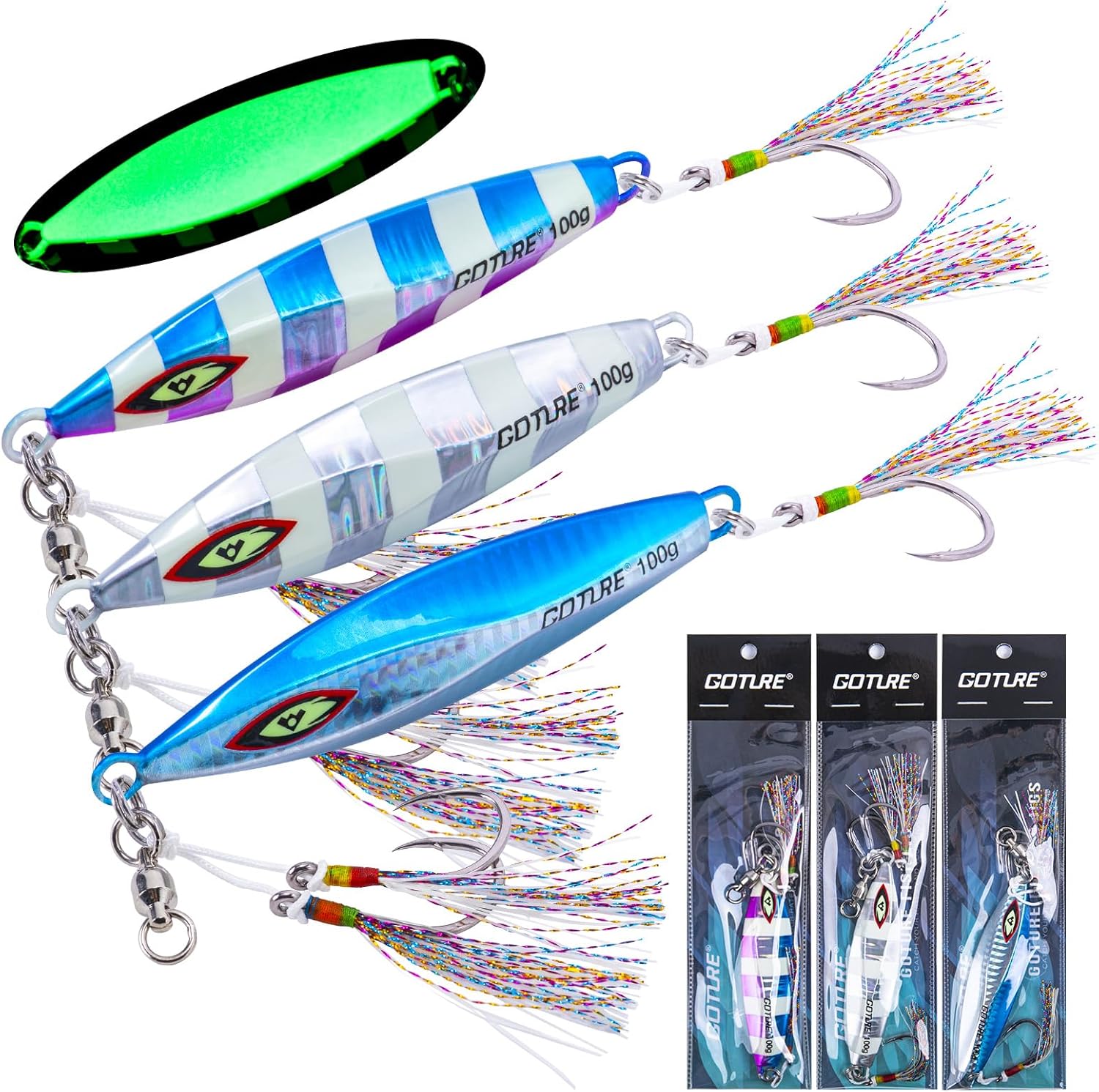 Goture Slow Pitch Jigs, Glow Flat Fall Jig Fishing Lure with Double Assist Hooks and Swivel, Fishing Jigs Saltwater 40g-250g Deep Sea Fishing Jigging Lures for Tuna,Dogtooth Tuna, Yellowtail,Kingfish