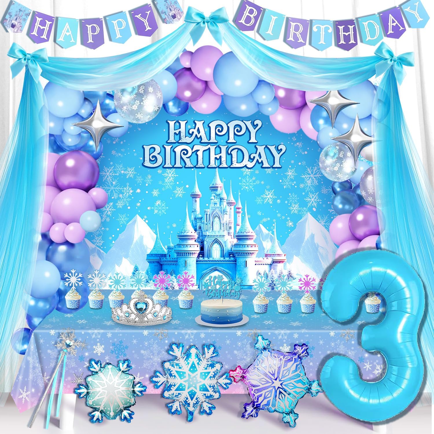 Frozen 3rd Birthday Party Decorations - Snow Balloon Garland Arch Kit, Snowflake Balloons, Tulle Curtain, Birthday Banner, Backdrop, Tablecloth, Princess Crown and Wand, Cake Toppers, Bows