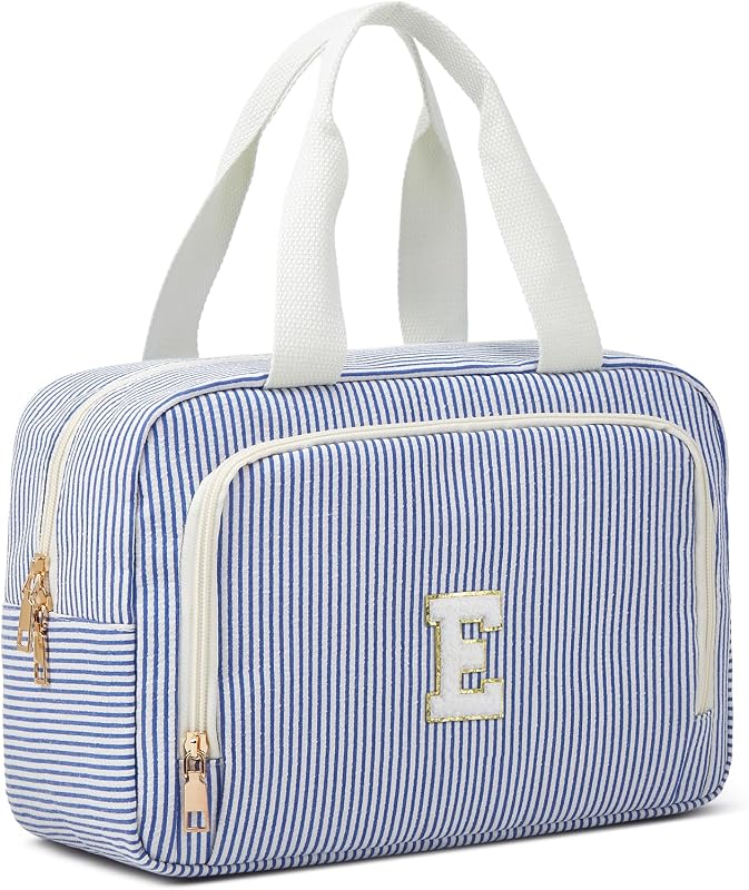 Necessaire organizadora ZOEMTIU com zíper, compartimentos e alça, tecido seersucker listrado, Blue E