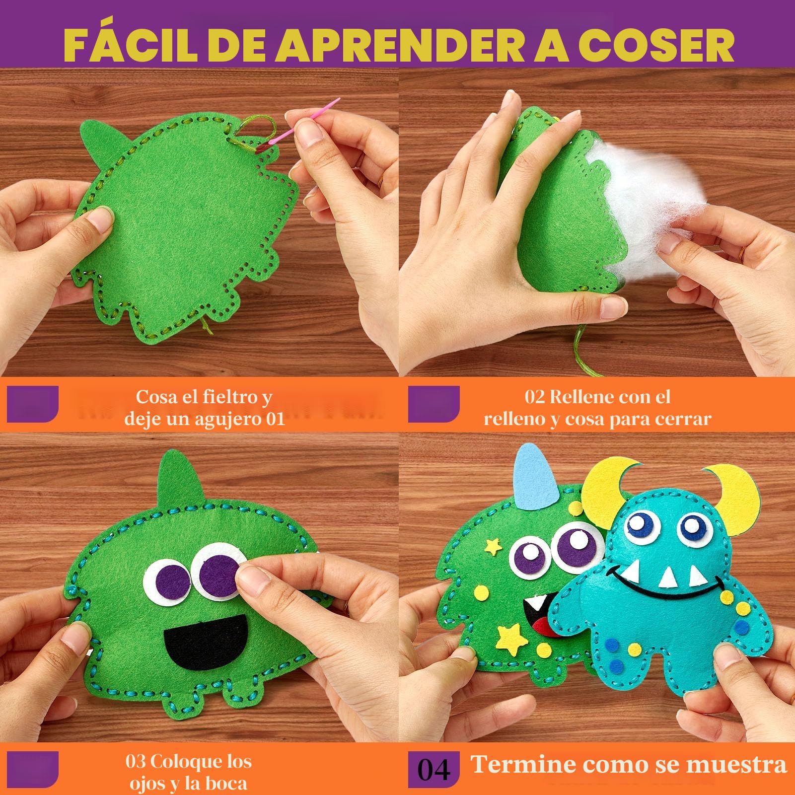 Toylink Kit de Costura para Niños, Kit Manualidades Niños con 12 Fieltro Para Juegos de Manualidades & Hilo Bordar & Agujas Coser, DIY Costura Regalo Niñas 6 7 8 9 10 Años (Monstruos)