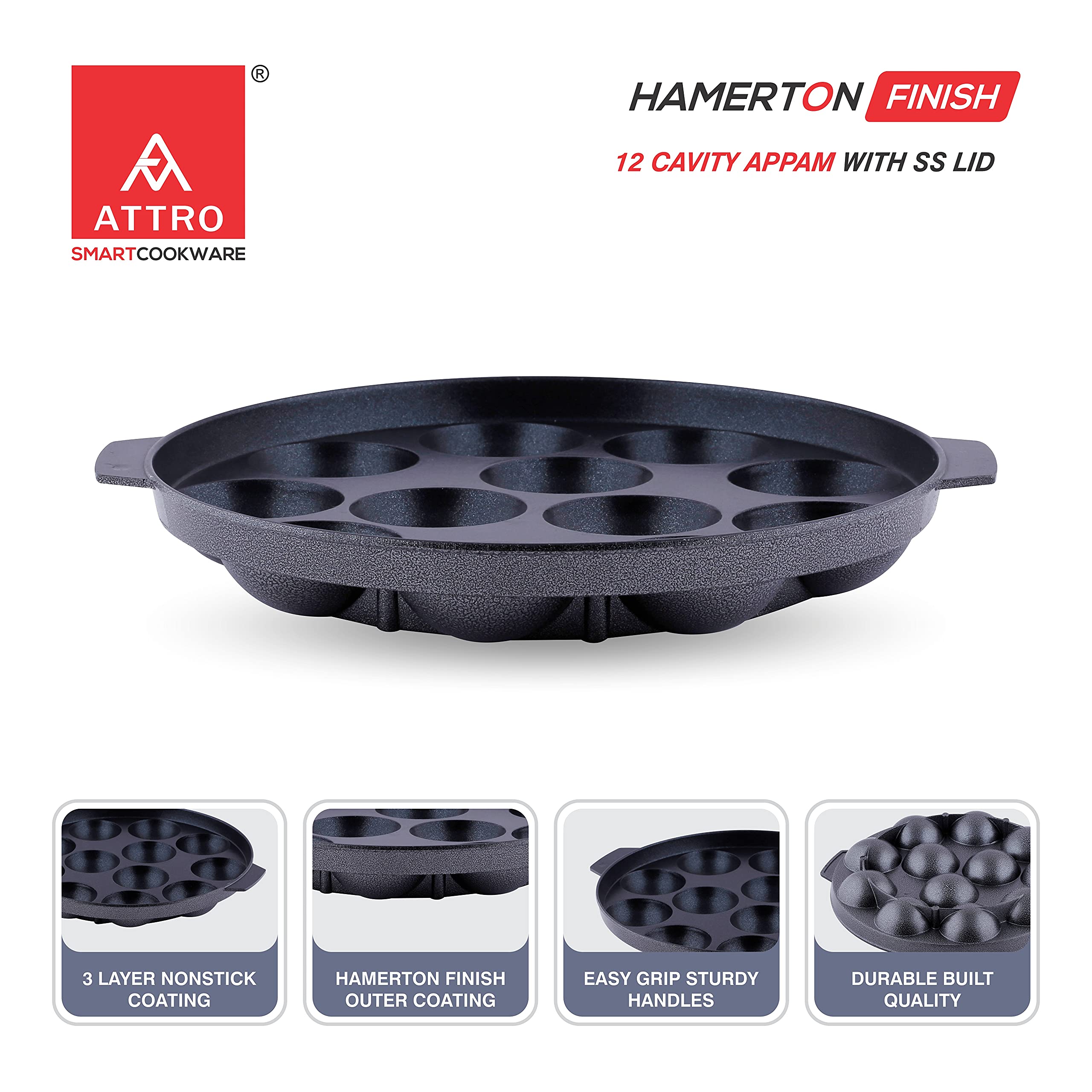 Attro Non-Stick Heavy Duty 12 Cavity Aluminium Appam Patra Paniyarakkal Two Side Handle with Steel Lid and Wooden Picker (Black) 2