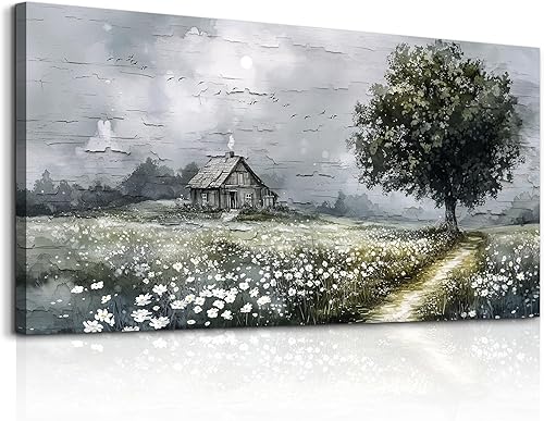Miniatura 2 de ERQINHUA Lienzo gris para pared de sala de estar, decoración de pared de granja para dormitorio, oficina, campo, paisaje, cuadros, árbol, paisaje,