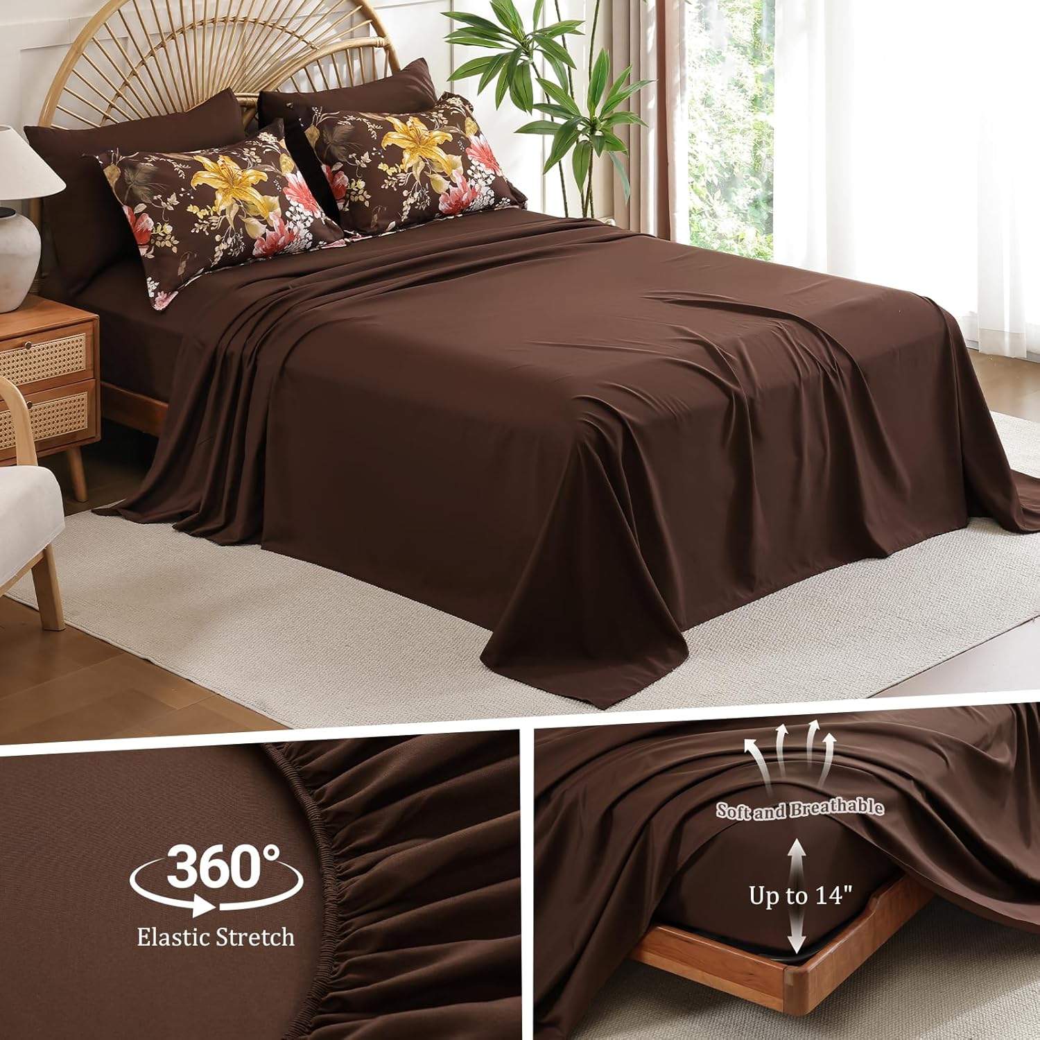 Drucon Queen Comforter Set - 7 Pieces Brown Floral Soft Bedding Sets, Queen Bed in a Bag with Botanical Flowers Comforter, Sheets, Pillowcases & Shams