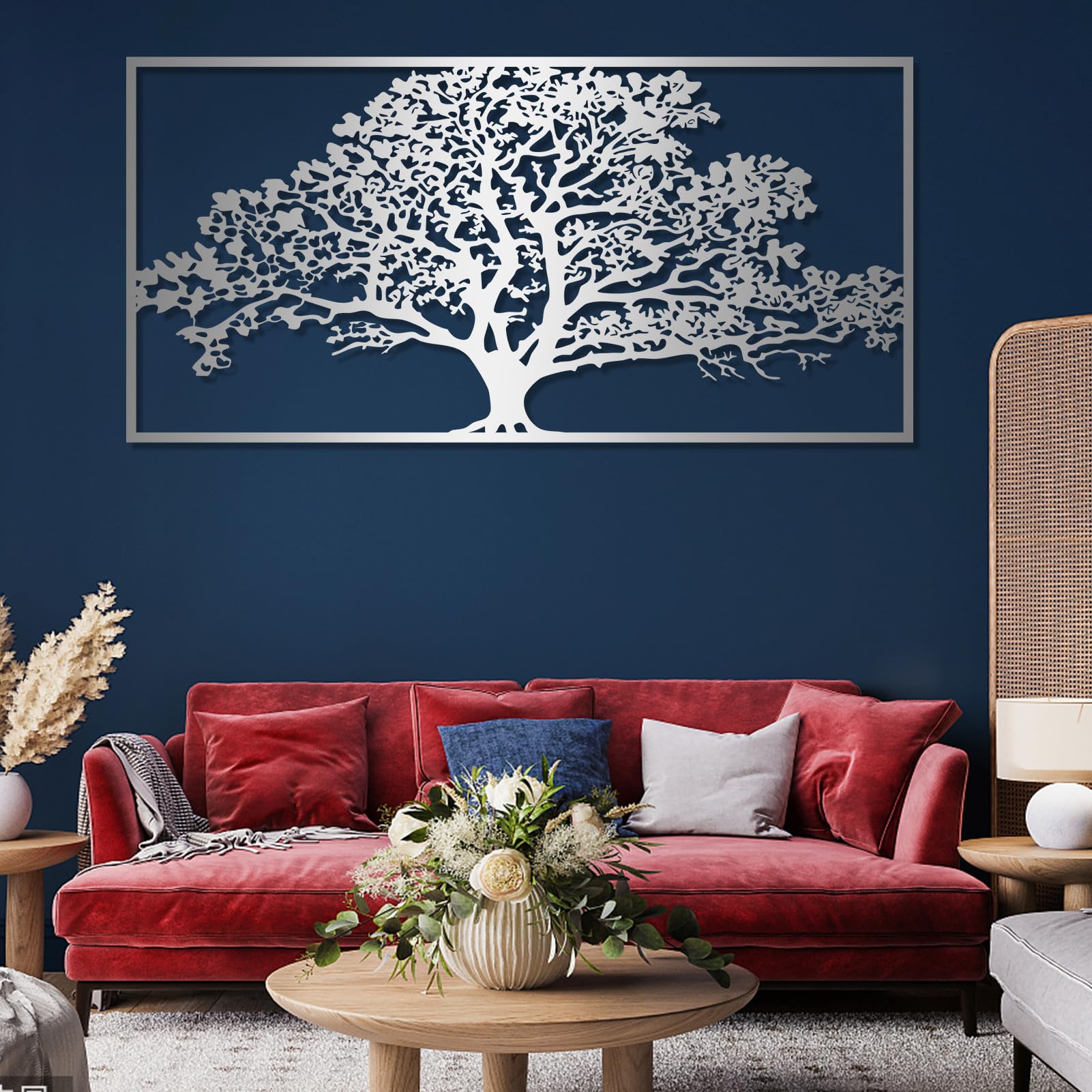 Metalowa dekoracja ścienna drzewo życia wiszące rzeźba z gałęziami idealna do salonu sypialni i biura kolor czarny rozmiar 121 x 59 cm (48 cali x 23 cali)