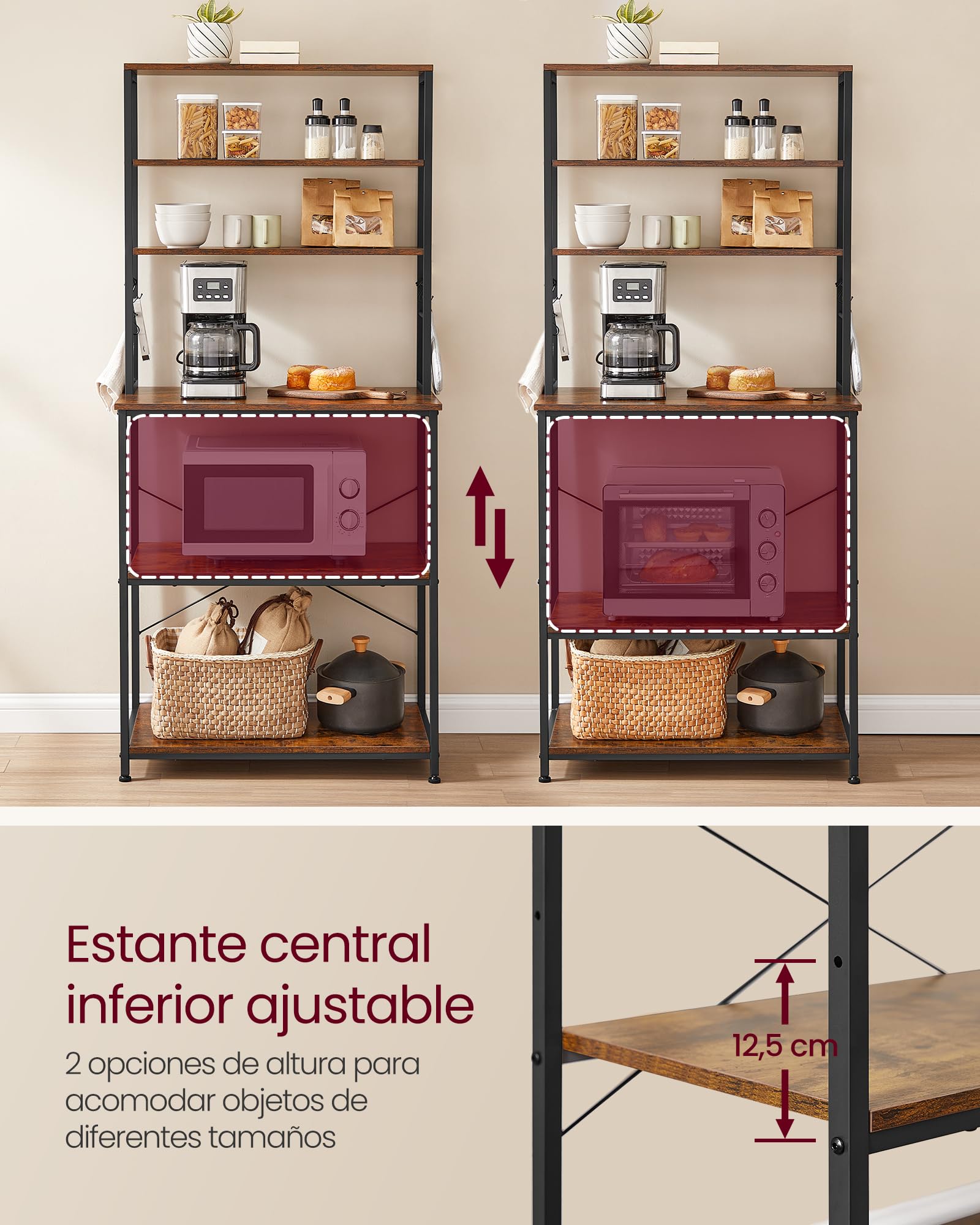 VASAGLE Estantería de Cocina con Enchufes, Estantería de Pie para Cocina, Estantería para Microondas, 6 Estantes y 6 Ganchos, Marco de Acero, 40 x 60 x 167 cm, Marrón Rústico y Negro Tinta KKS124K01