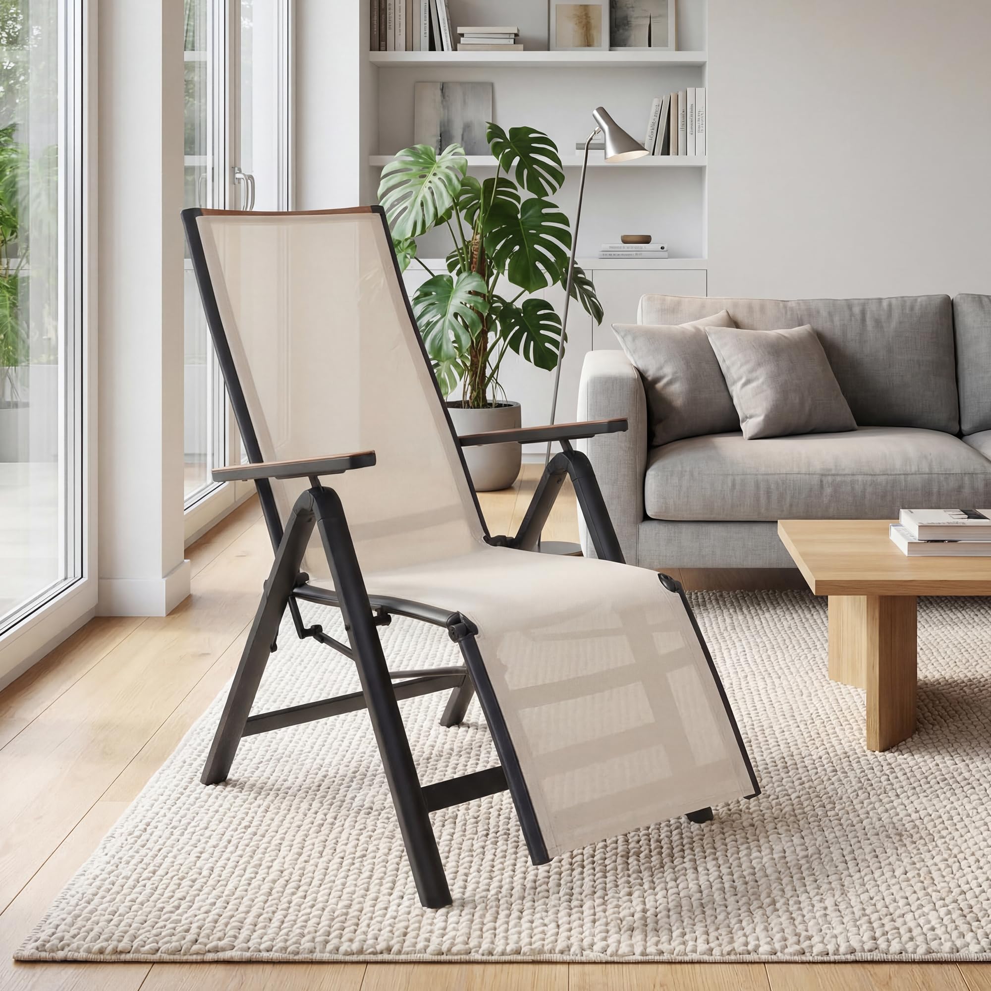 Grand patio Silla Plegable con Reposapiés, Silla Reclinable de Aluminio, Ligera, Respaldo Alto Ajustable de 6 Posiciones, Textil, Tumbona de jardín para Interiores, Exteriores (Beige)