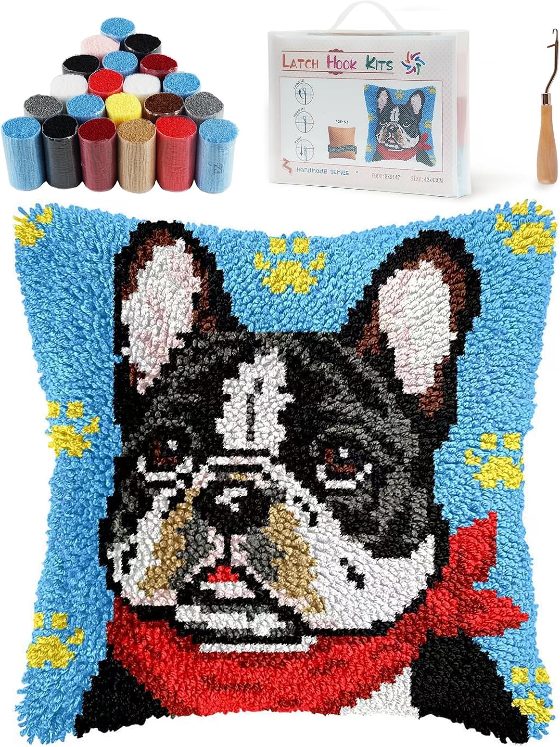 Colorful French Bulldog Latch Hook Kits for Adults Kids Beginners Cute Animals Latch Hook Pillow Kit Pre-Printed Latch Hook Rug Kits Cross-Stitch Embroidery Cushion for Home Sofa Decoration 17x17 in.
