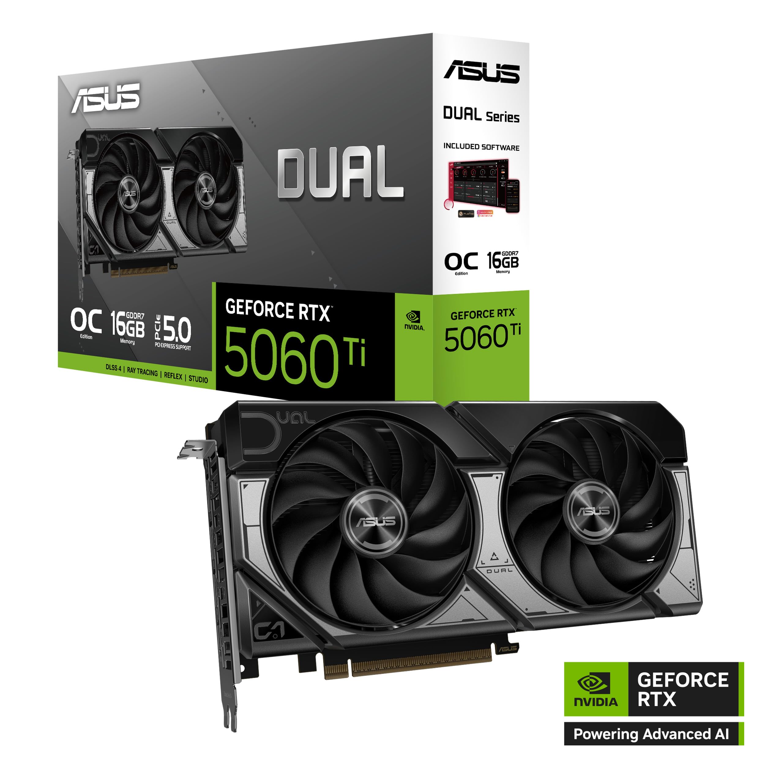 ASUS Dual GeForce RTX 5060 Ti 16GB GDDR7 OC Edition (PCIe 5.0, 16GB GDDR7, DLSS 4, HDMI 2.1b, DisplayPort 2.1b, diseño de 2.5 Ranuras, diseño de Ventilador Axial-Tech, tecnología 0dB)