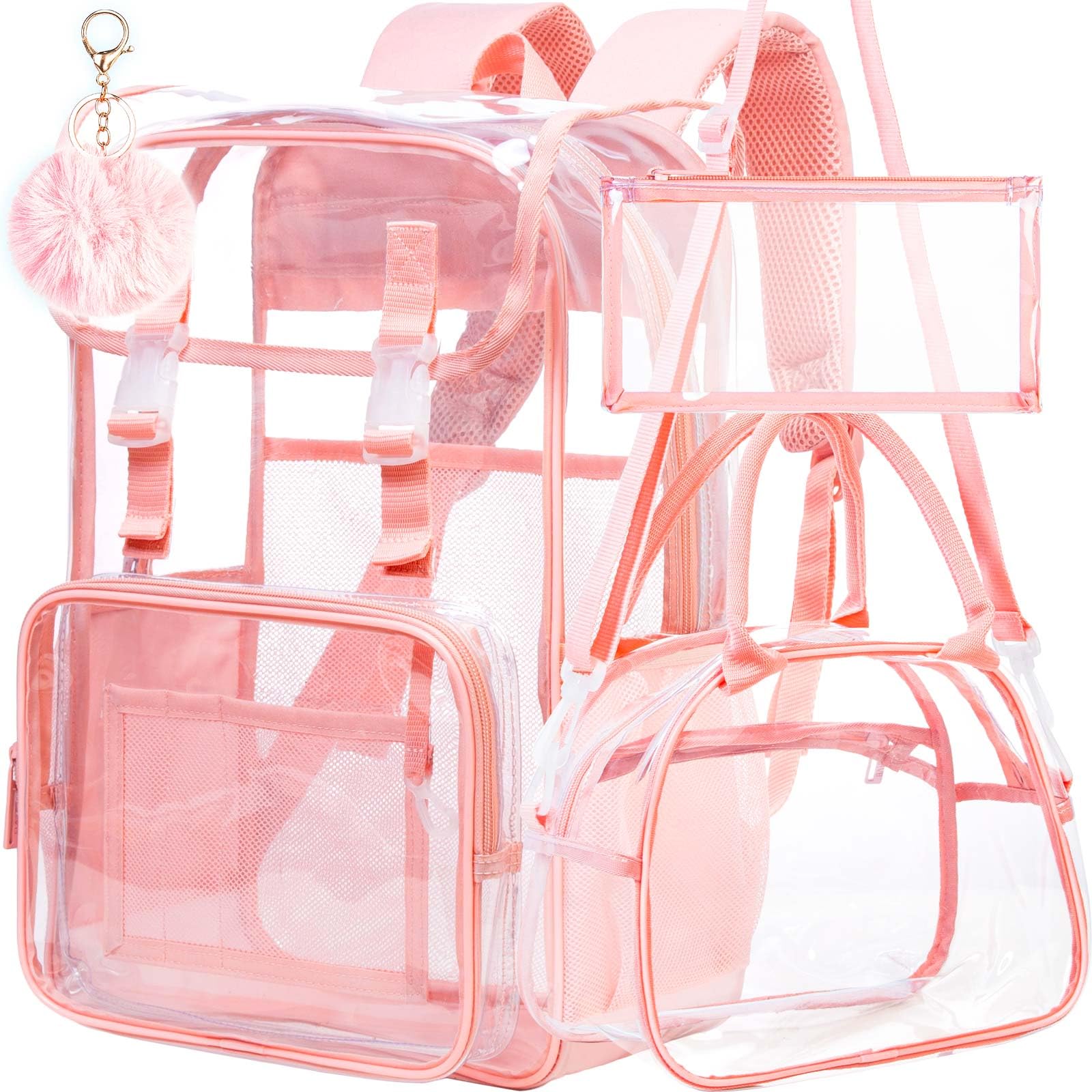 FTJCF Clear Backpack, Stadium Approved Transparent Bookbag for Girls Boys, Heavy Duty PVC See Through Backpack for Women Men