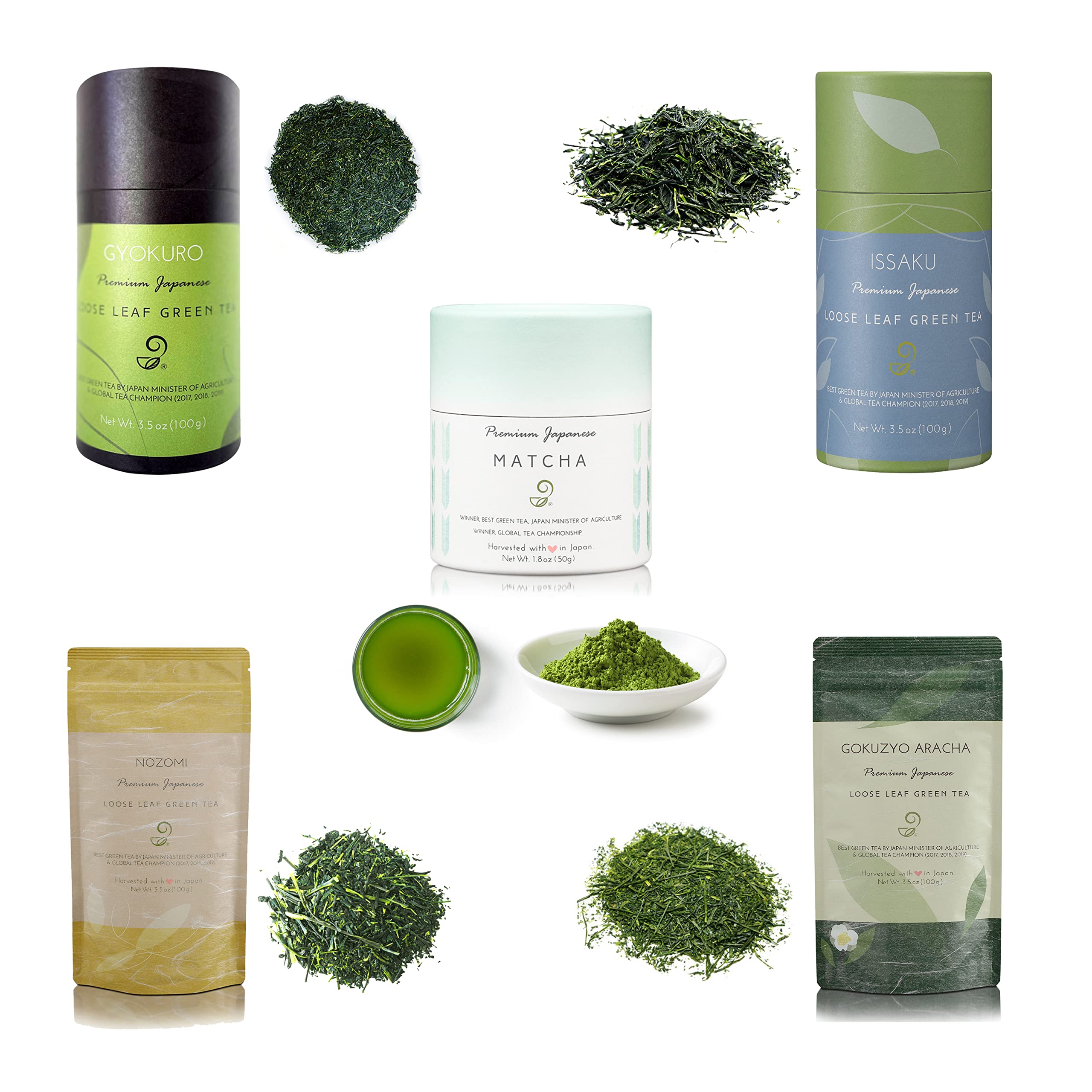 Matcha Gyokuro Issaku Nozomi and Gokuzyo Aracha Tea Assortment from Japanese Green Tea Co - Single Origin All-Natural